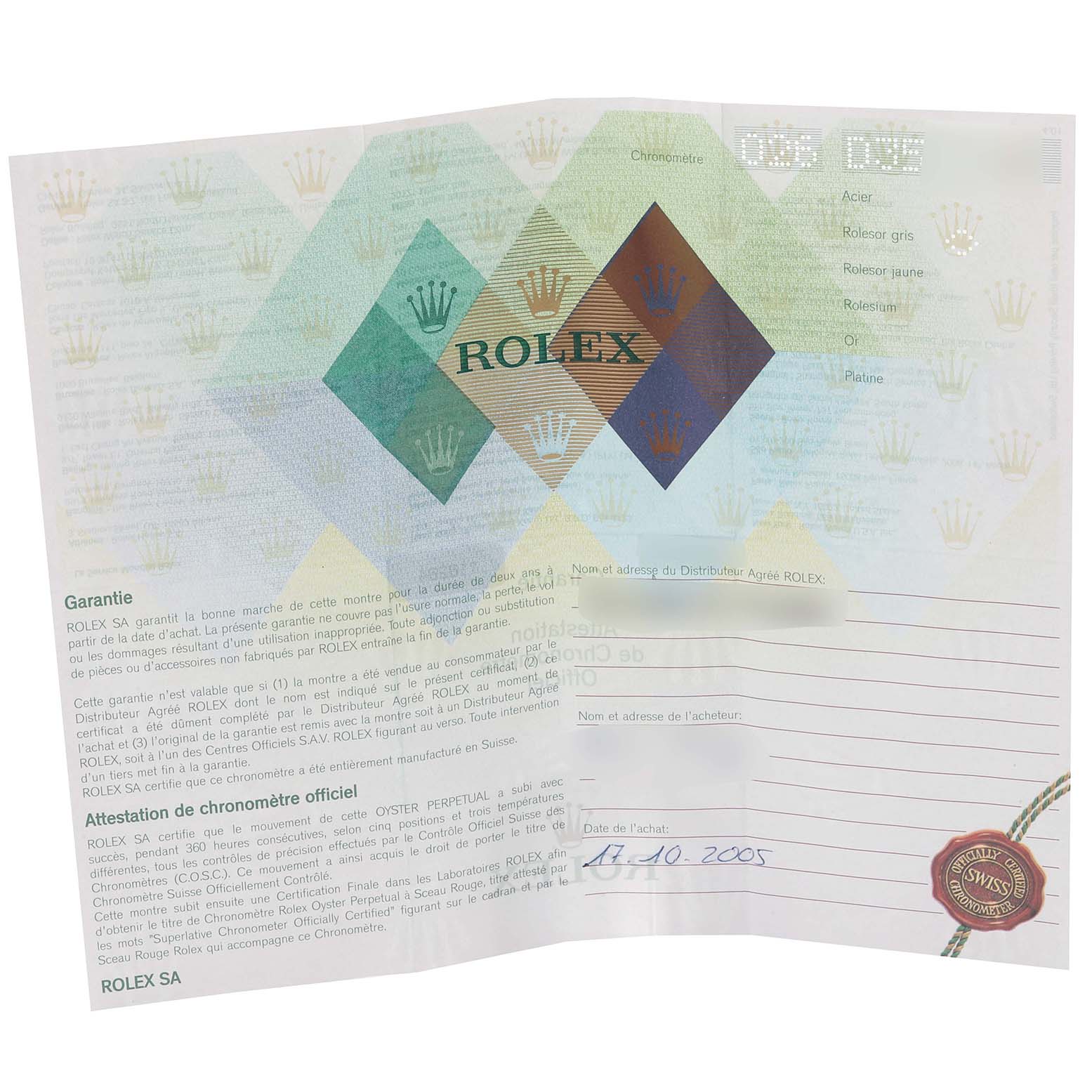The image shows the warranty certificate for a Rolex Turn-o-Graph 116264 Men's Stainless Steel Black Dial 116264 Men's Stainless Steel Black Dial watch.