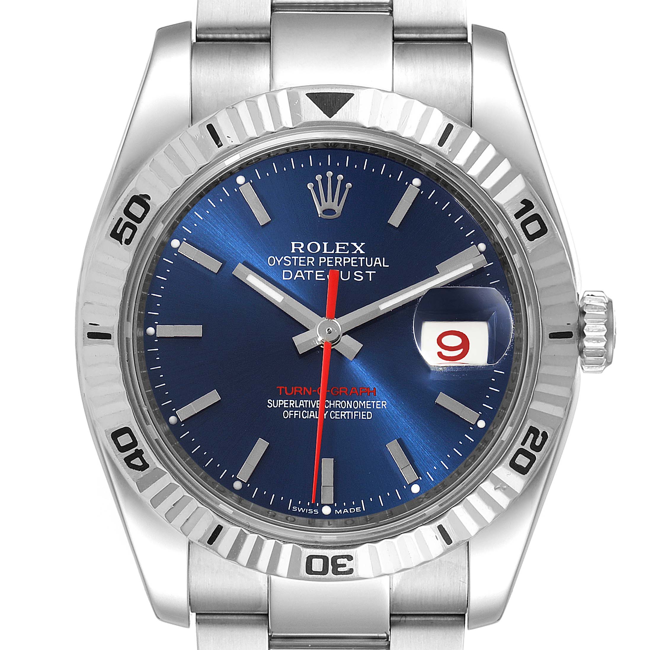 This image of the Rolex Turn-o-Graph 116264 Men
s Stainless Steel Blue Dial 116264 Men
s Stainless Steel Blue Dial watch shows a frontal view, highlighting the dial, bezel, hands, and date magnifier.