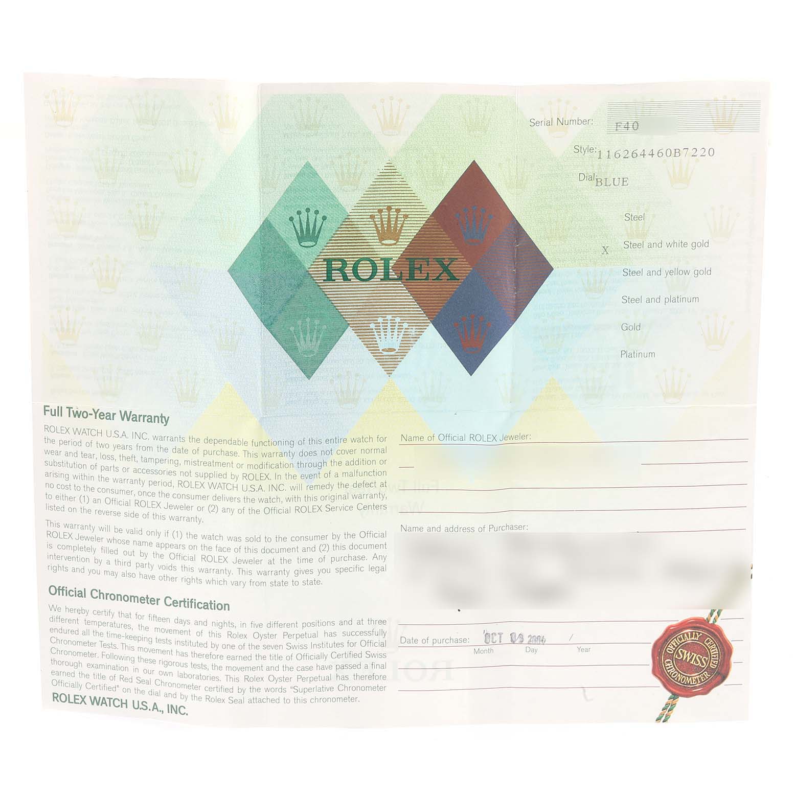 The image shows warranty documentation for the Rolex Turn-o-Graph 116264 Men
s Stainless Steel Blue Dial 116264 Men
s Stainless Steel Blue Dial model, including details such as serial number and materials.