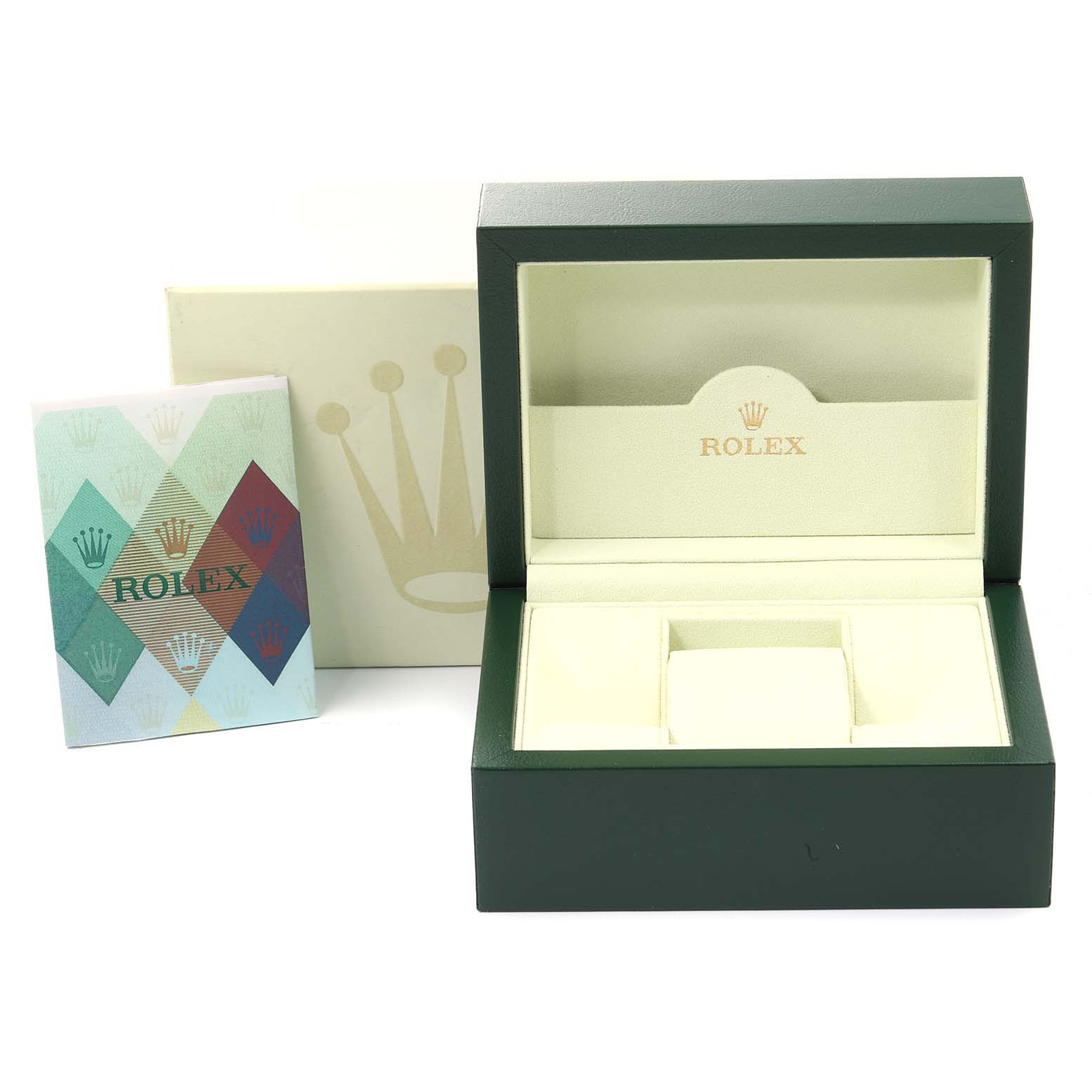 The image shows the packaging and box for the Rolex Turn-o-Graph 116264 Men
s Stainless Steel Blue Dial 116264 Men
s Stainless Steel Blue Dial watch, accompanied by a booklet.