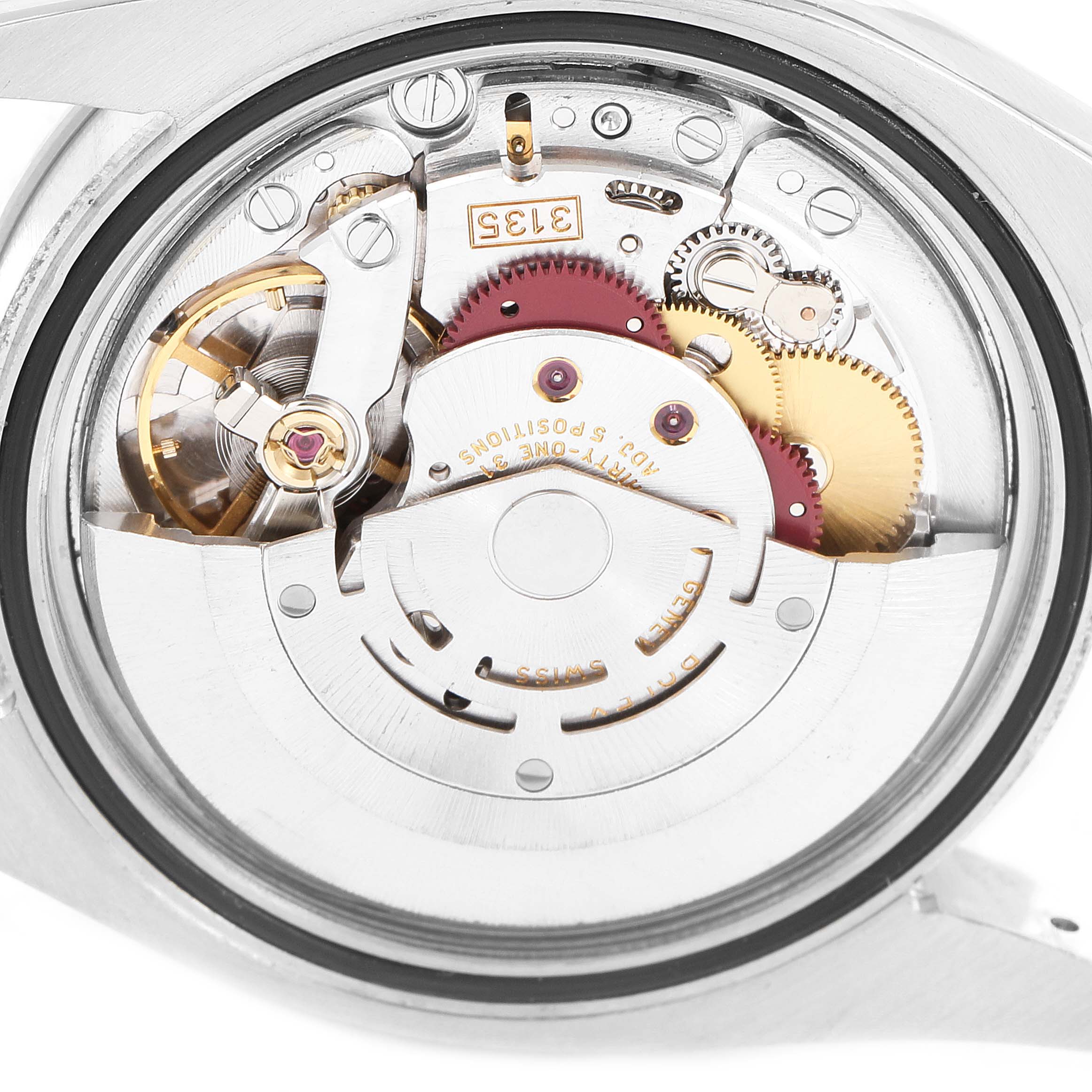 This image shows the movement and internal mechanism of a Rolex Turn-o-Graph 116264 Men
s Stainless Steel Blue Dial 116264 Men
s Stainless Steel Blue Dial watch from a back or interior angle.