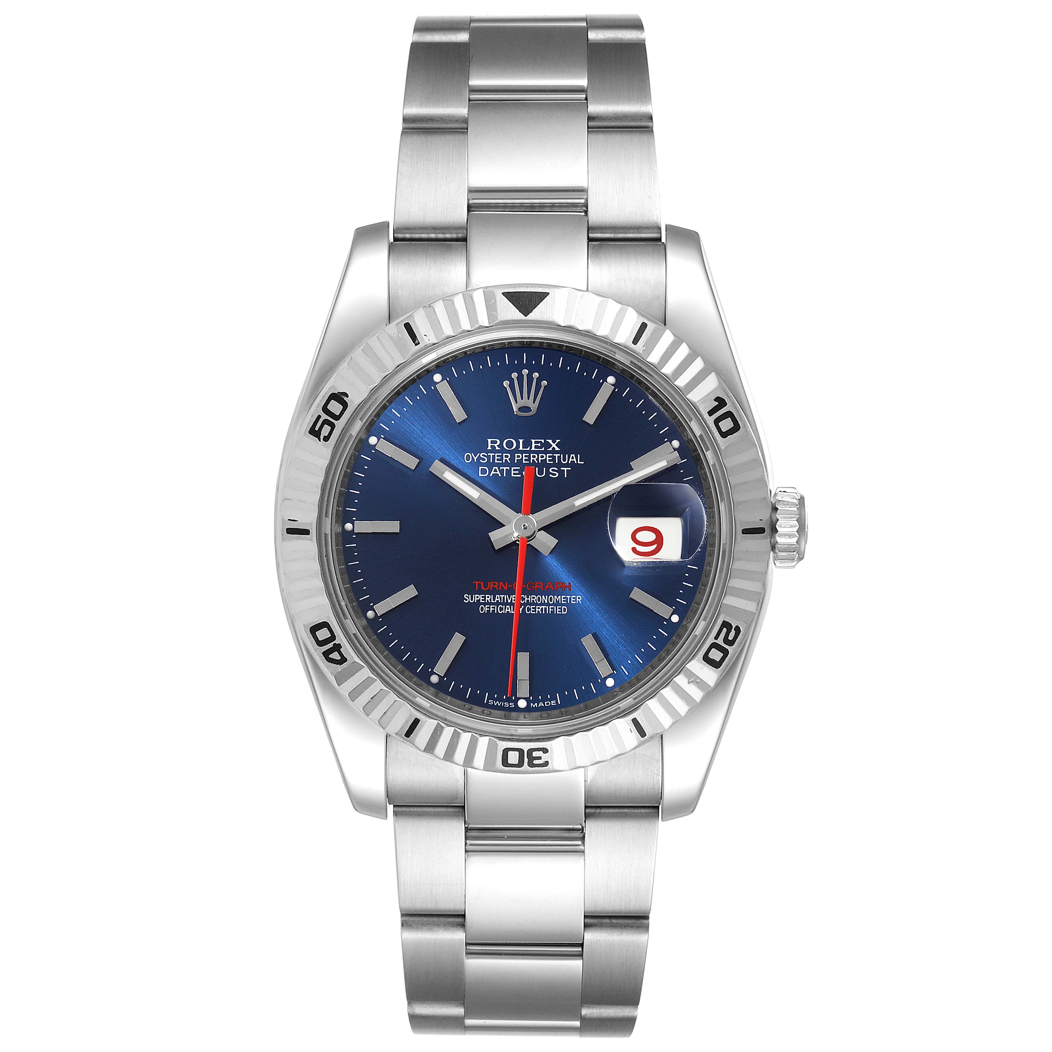 The image shows a front view of the Rolex Turn-o-Graph 116264 Men
s Stainless Steel Blue Dial 116264 Men
s Stainless Steel Blue Dial watch, displaying its blue dial, date window, and stainless steel bracelet.