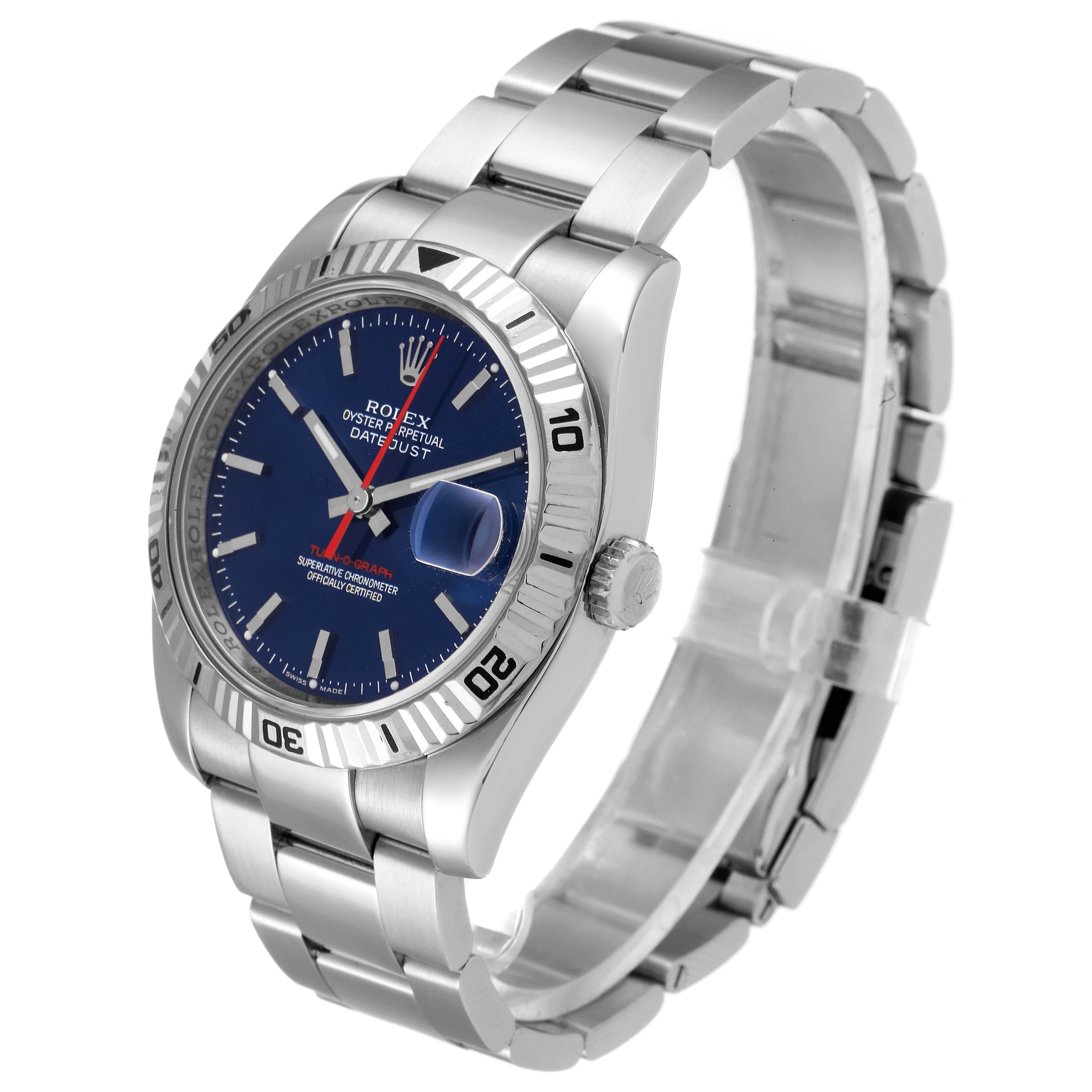 This image shows a Rolex Turn-o-Graph 116264 Men
s Stainless Steel Blue Dial 116264 Men
s Stainless Steel Blue Dial watch from a 3/4 angle, displaying the watch face, bezel, crown, and bracelet.