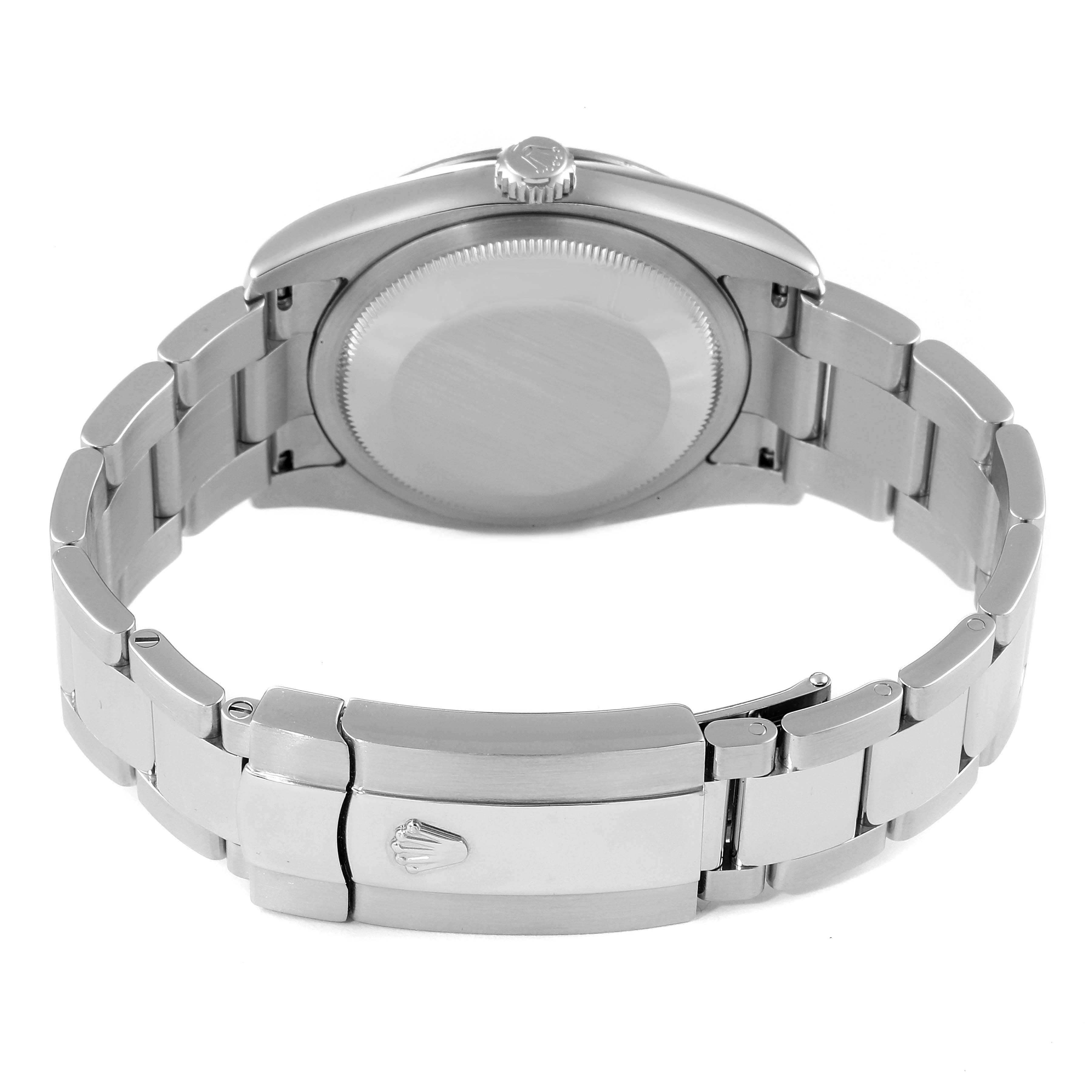 The image shows the back view of the Rolex Turn-o-Graph 116264 Men
s Stainless Steel Blue Dial 116264 Men
s Stainless Steel Blue Dial model watch, highlighting its clasp, bracelet, and case back.