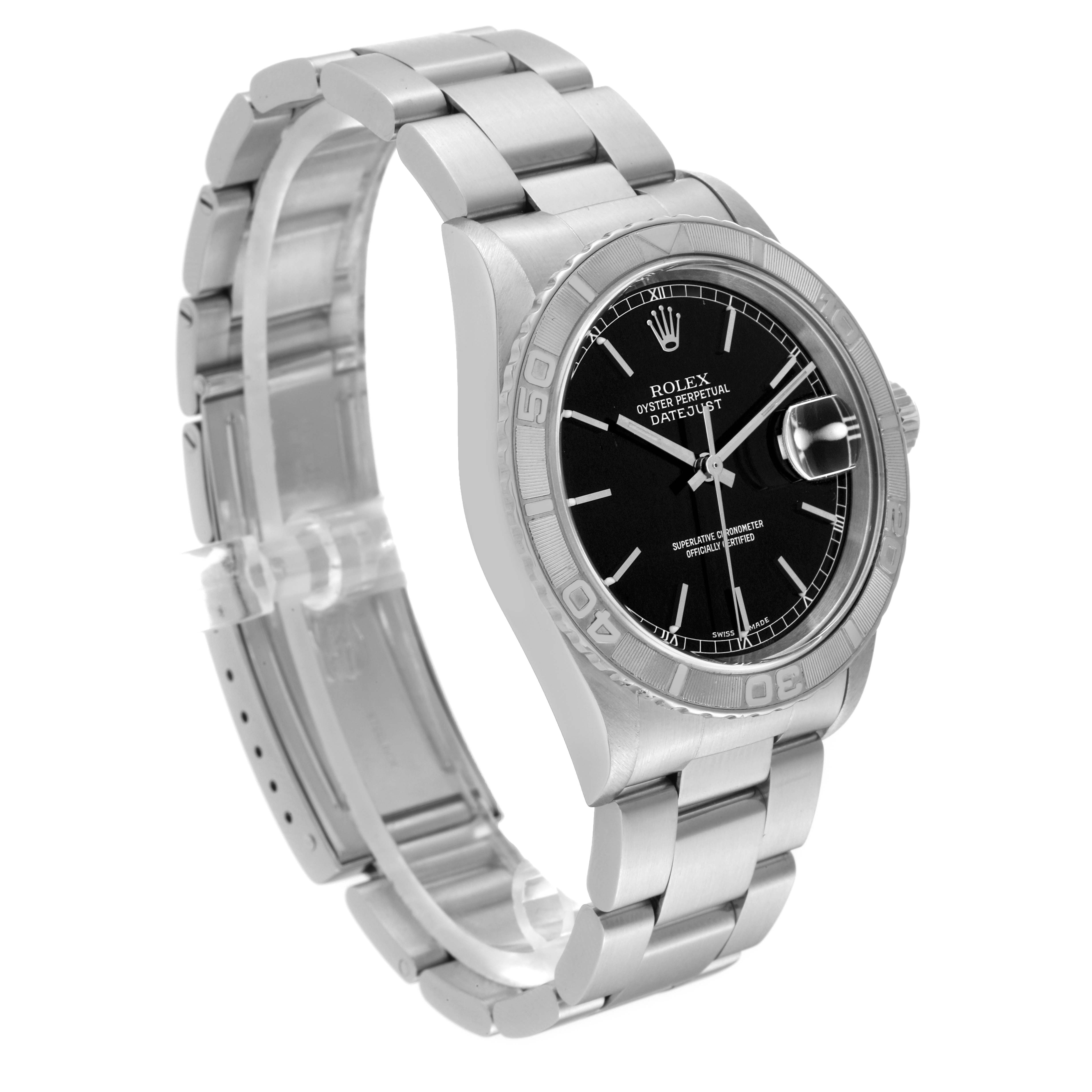The image shows a side angle of the Rolex Turn-o-Graph 16264 Men's Stainless Steel Black Dial 16264 Men's Stainless Steel Black Dial watch, featuring its face, bezel, and bracelet.