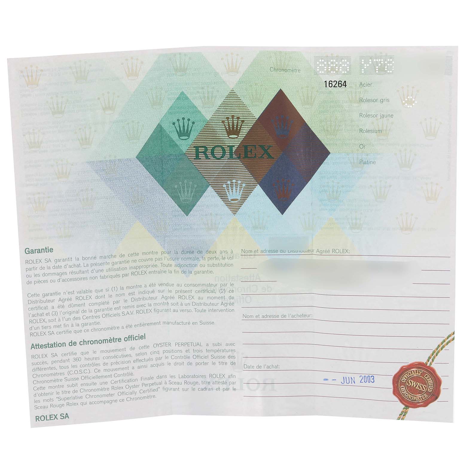 This image shows the warranty certificate for a Rolex Turn-o-Graph 16264 Men's Stainless Steel Black Dial 16264 Men's Stainless Steel Black Dial model watch.