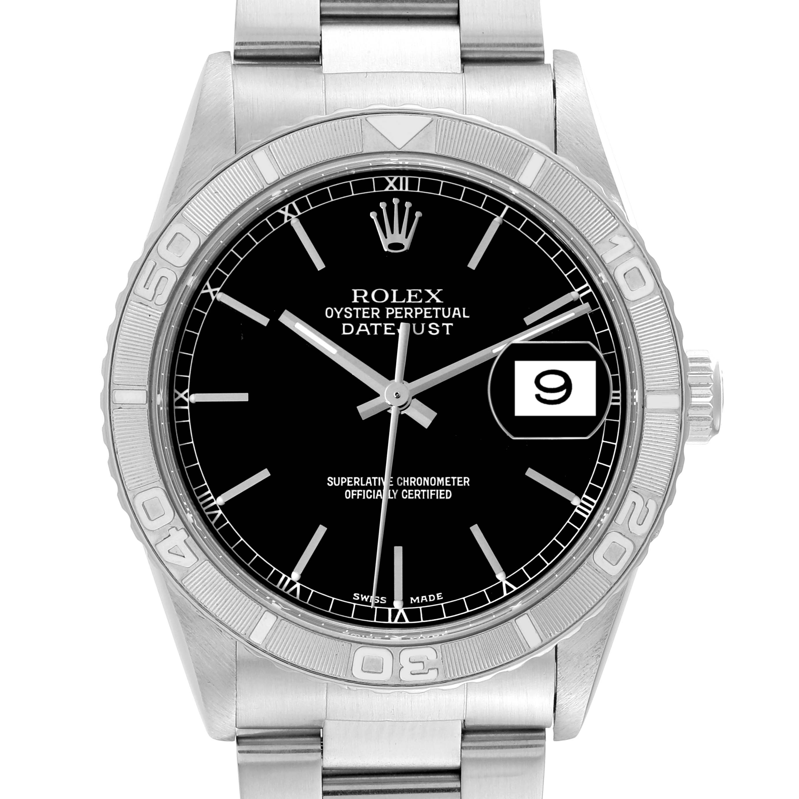 The image shows a front view of the Rolex Turn-o-Graph 16264 Men's Stainless Steel Black Dial 16264 Men's Stainless Steel Black Dial watch, highlighting its dial, bezel, and strap.