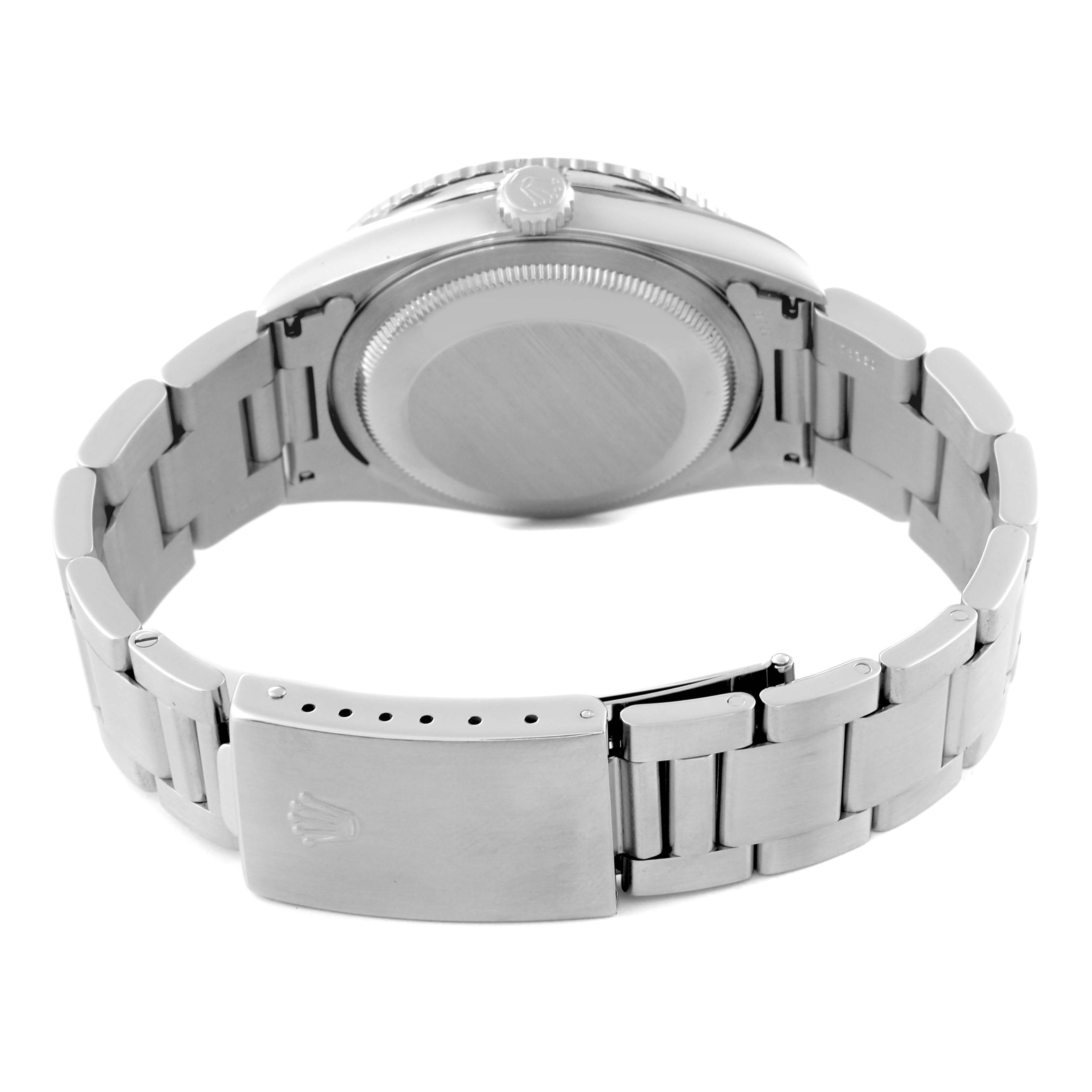 The image shows the back view of a Rolex Turn-o-Graph 16264 Men's Stainless Steel Black Dial 16264 Men's Stainless Steel Black Dial model watch, highlighting its case back and stainless steel bracelet with clasp.