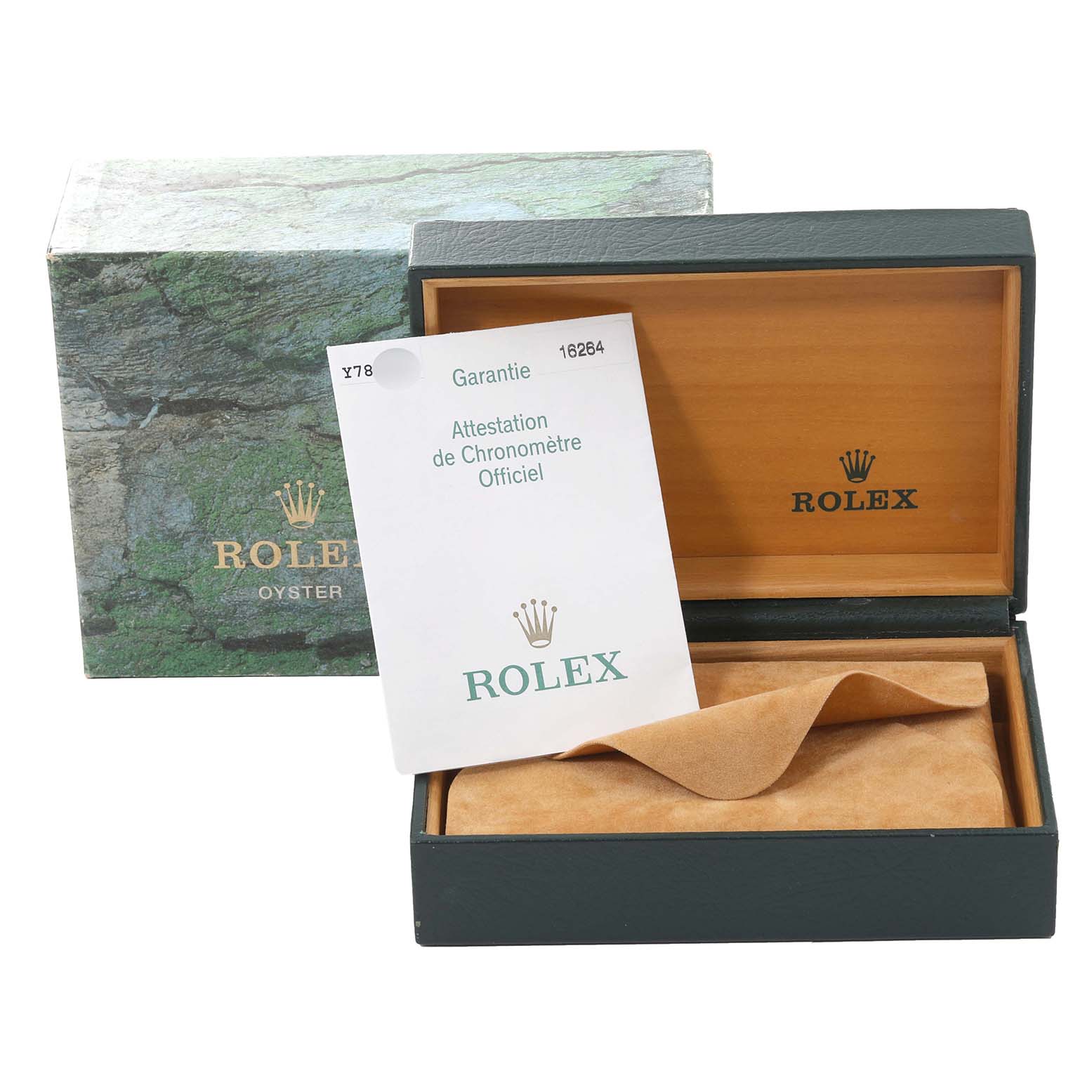 The image shows the packaging and certificate for a Rolex Turn-o-Graph 16264 Men's Stainless Steel Black Dial 16264 Men's Stainless Steel Black Dial model watch, including the box and guarantee card.