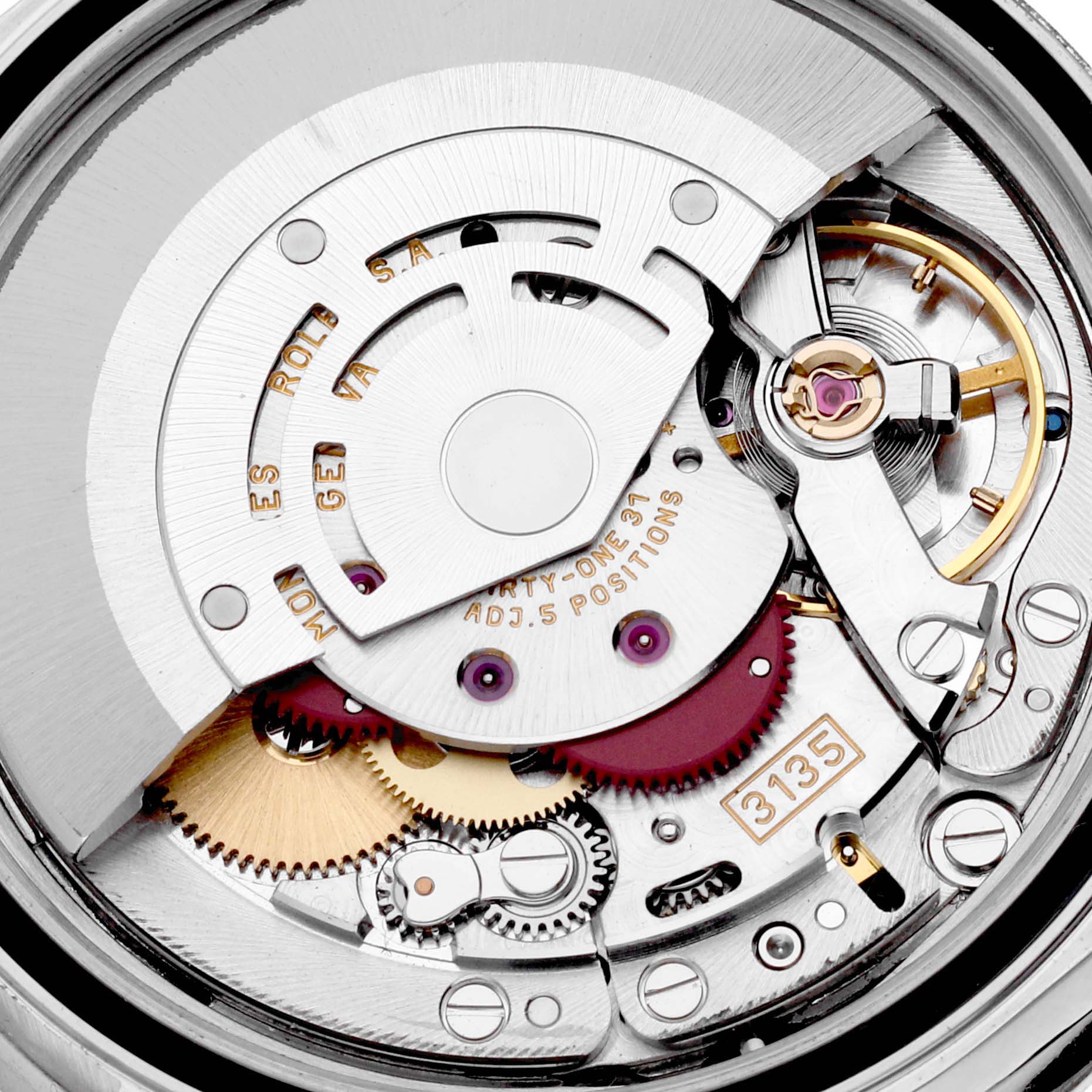 The image shows the intricate internal mechanism of a Rolex Turn-o-Graph 16264 Men's Stainless Steel Black Dial 16264 Men's Stainless Steel Black Dial watch, highlighting gears, screws, and engraved details.
