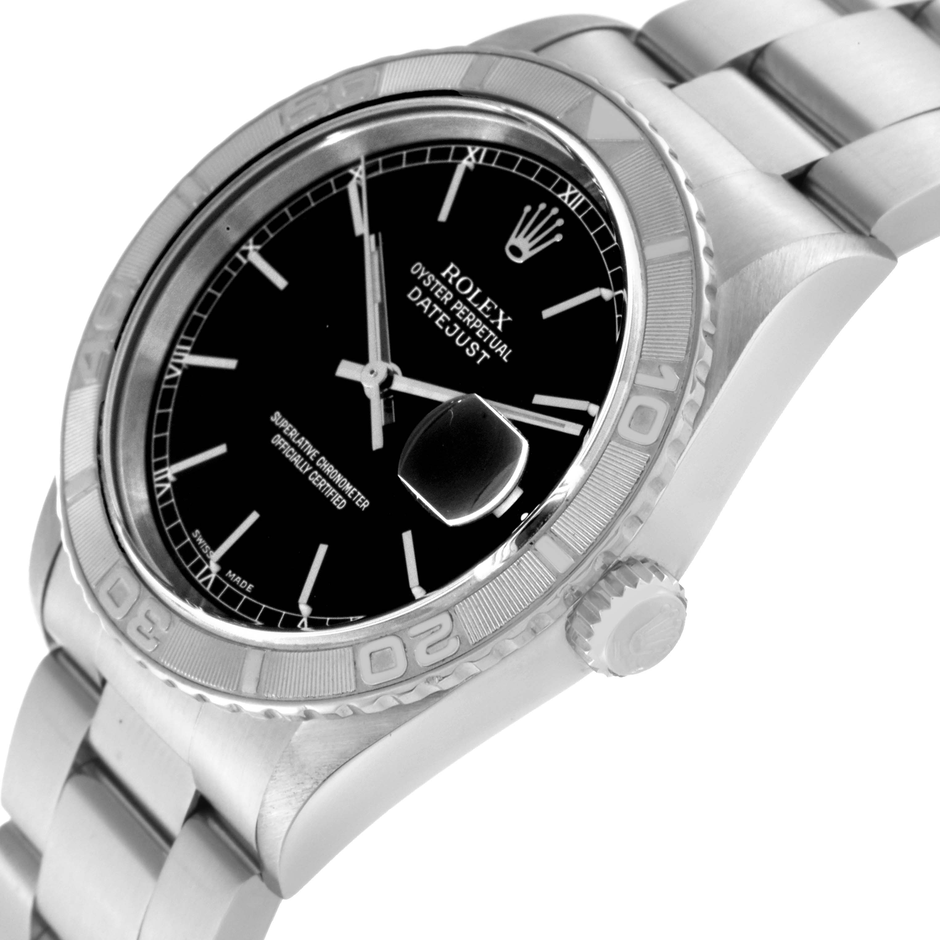 The Rolex Turn-o-Graph 16264 Men's Stainless Steel Black Dial 16264 Men's Stainless Steel Black Dial model is shown from a slightly tilted side angle, highlighting the dial, bezel, crown, and part of the bracelet.