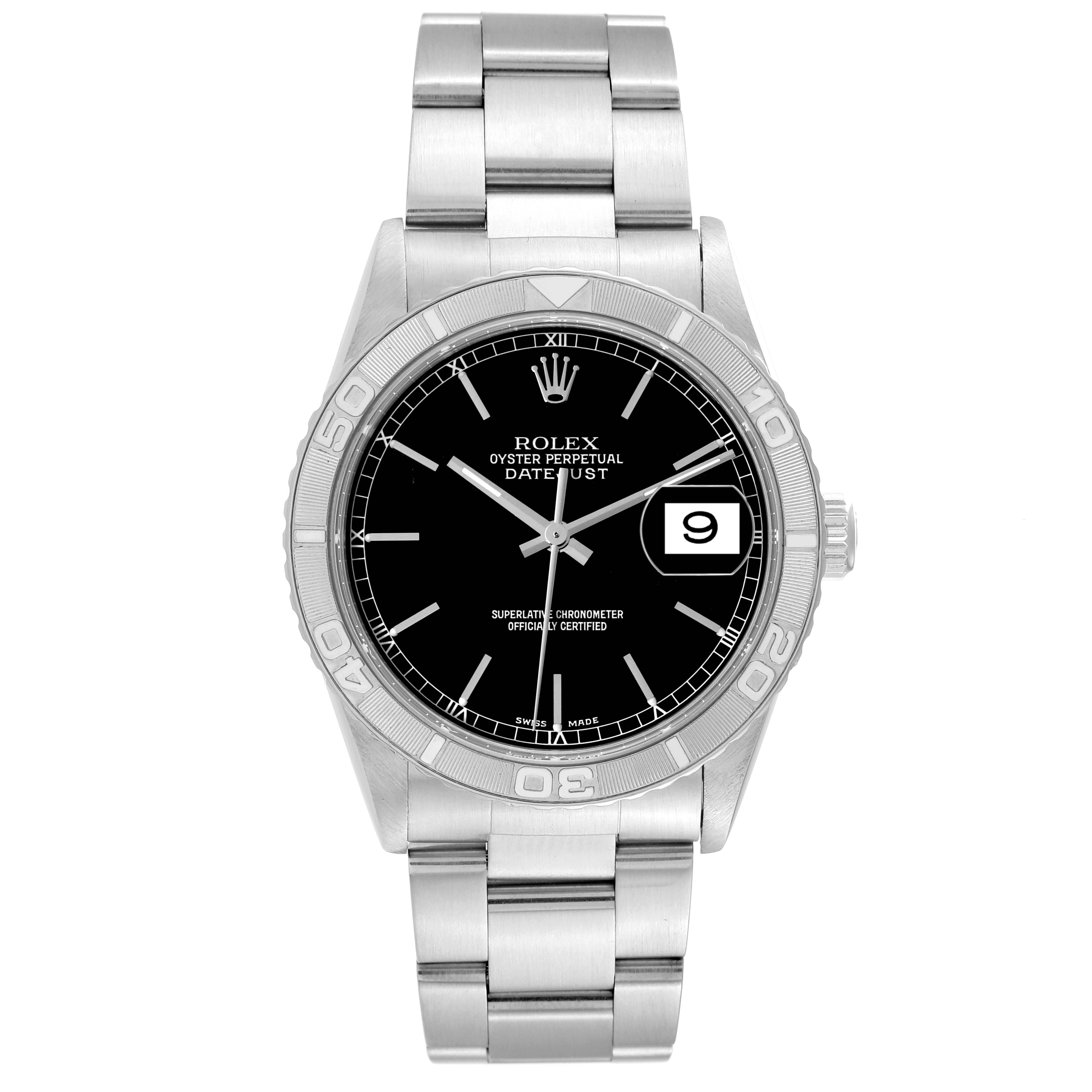 The image shows a Rolex Turn-o-Graph 16264 Men's Stainless Steel Black Dial 16264 Men's Stainless Steel Black Dial watch from a front angle, displaying the dial, bezel, and bracelet.