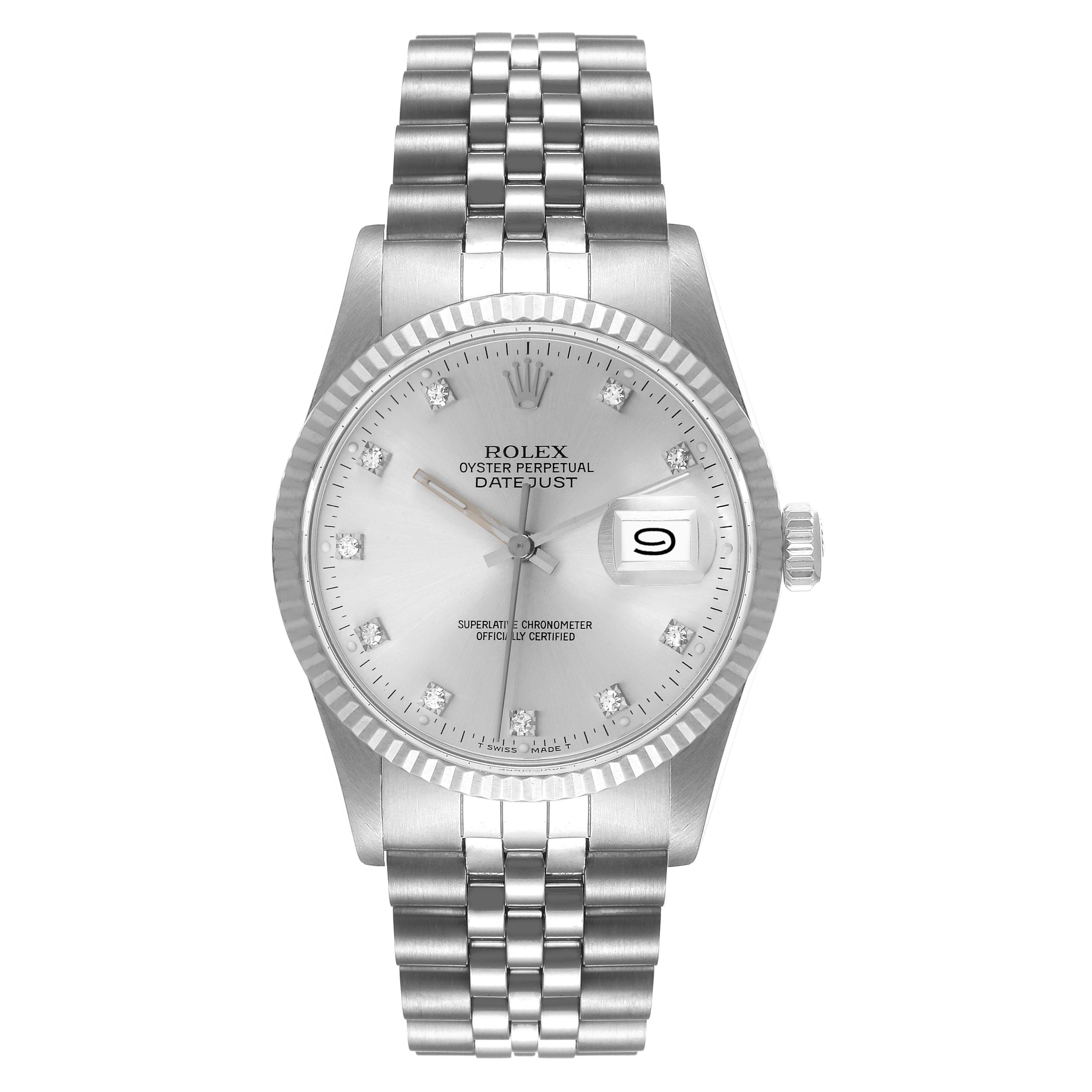 The image shows a front view of the Rolex Vintage Collection 16014 Men
s Stainless Steel Silver Dial 16014 Men
s Stainless Steel Silver Dial Datejust, highlighting the face, bezel, crown, and bracelet.