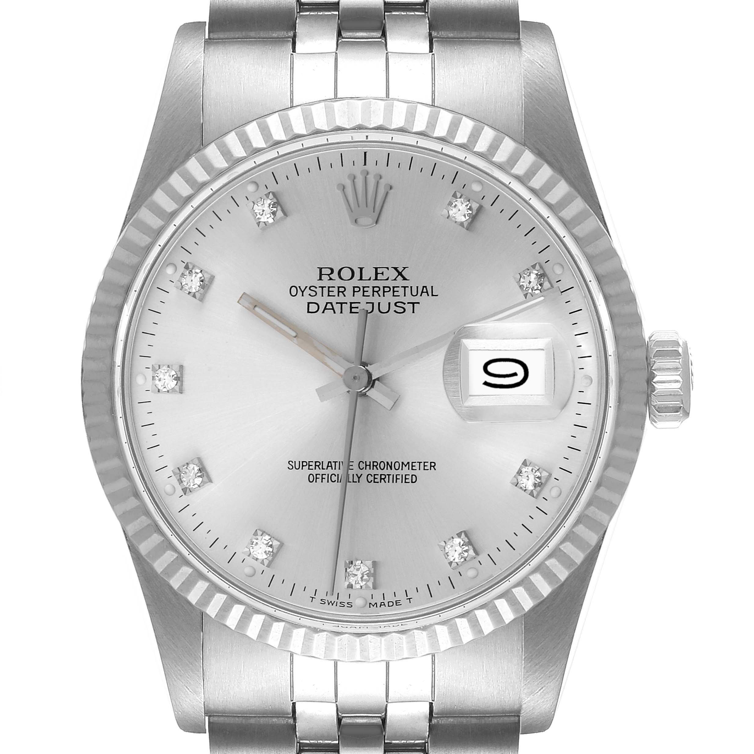 The image shows a frontal view of a Rolex Vintage Collection 16014 Men
s Stainless Steel Silver Dial 16014 Men
s Stainless Steel Silver Dial Oyster Perpetual Datejust watch, highlighting the dial, bezel, and bracelet.