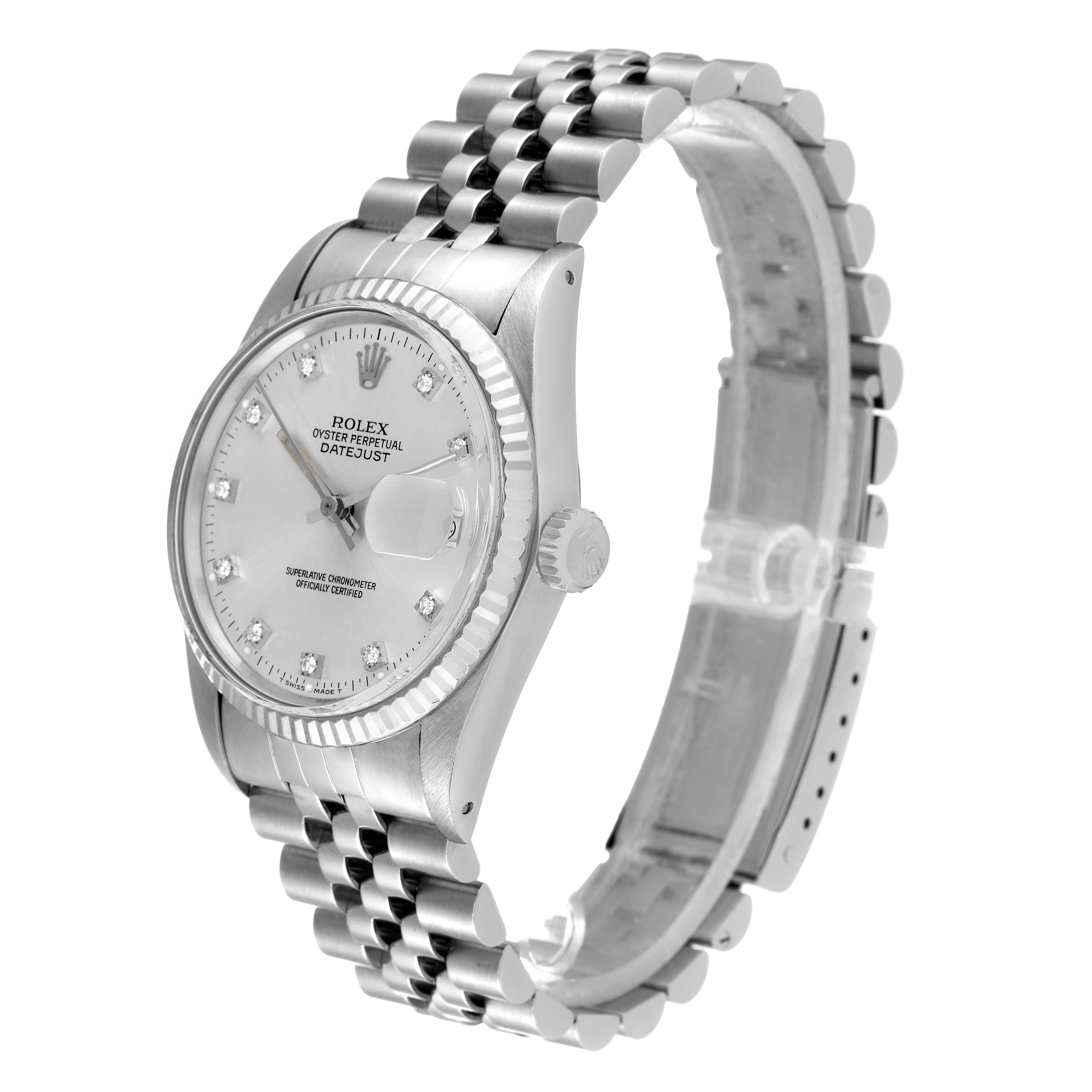 The image shows a side and slight front angle view of the Rolex Vintage Collection 16014 Men
s Stainless Steel Silver Dial 16014 Men
s Stainless Steel Silver Dial Datejust watch, highlighting the face and bracelet.