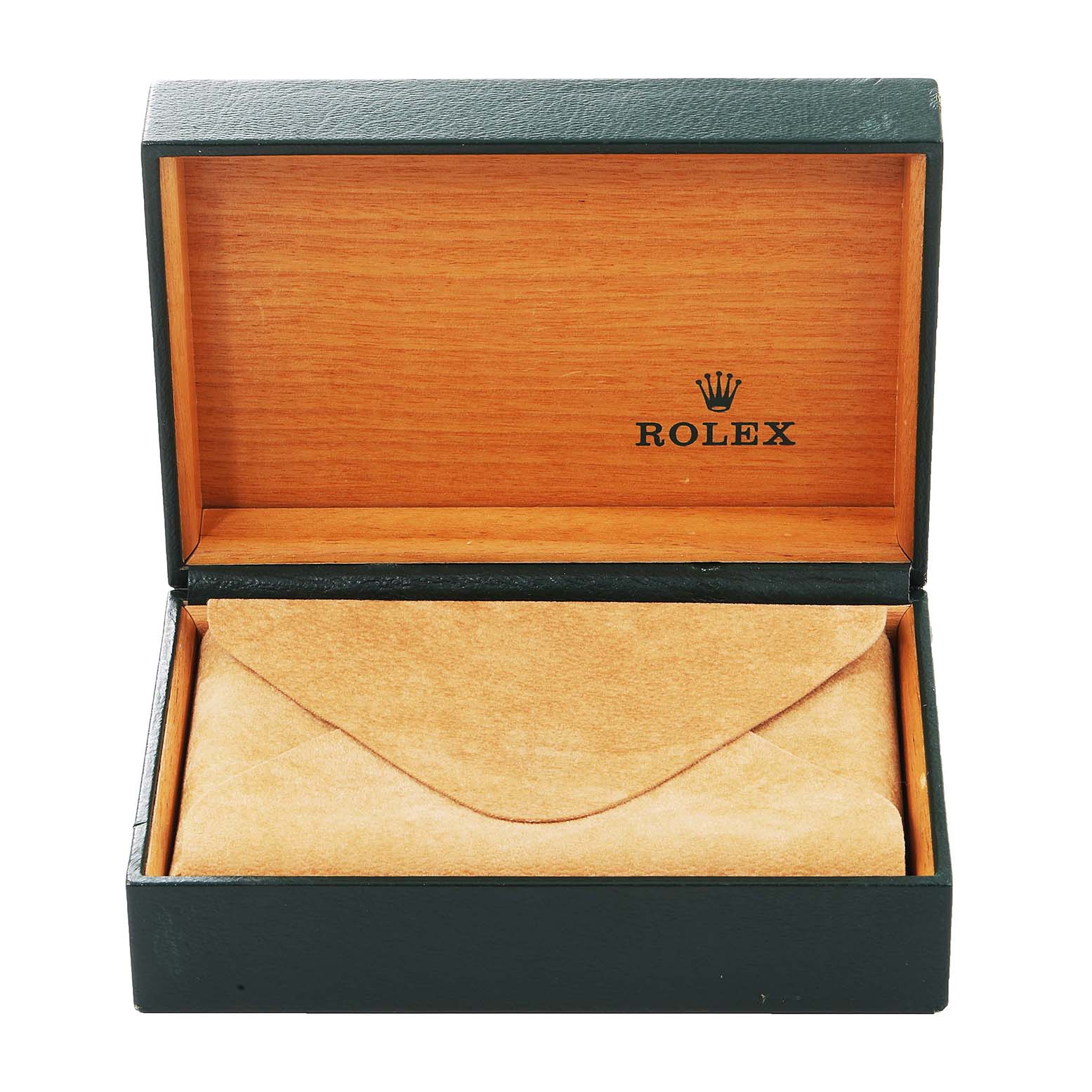 The image shows an open Rolex watch box from the Vintage Collection model, displaying the inner wooden lining and the Rolex logo.