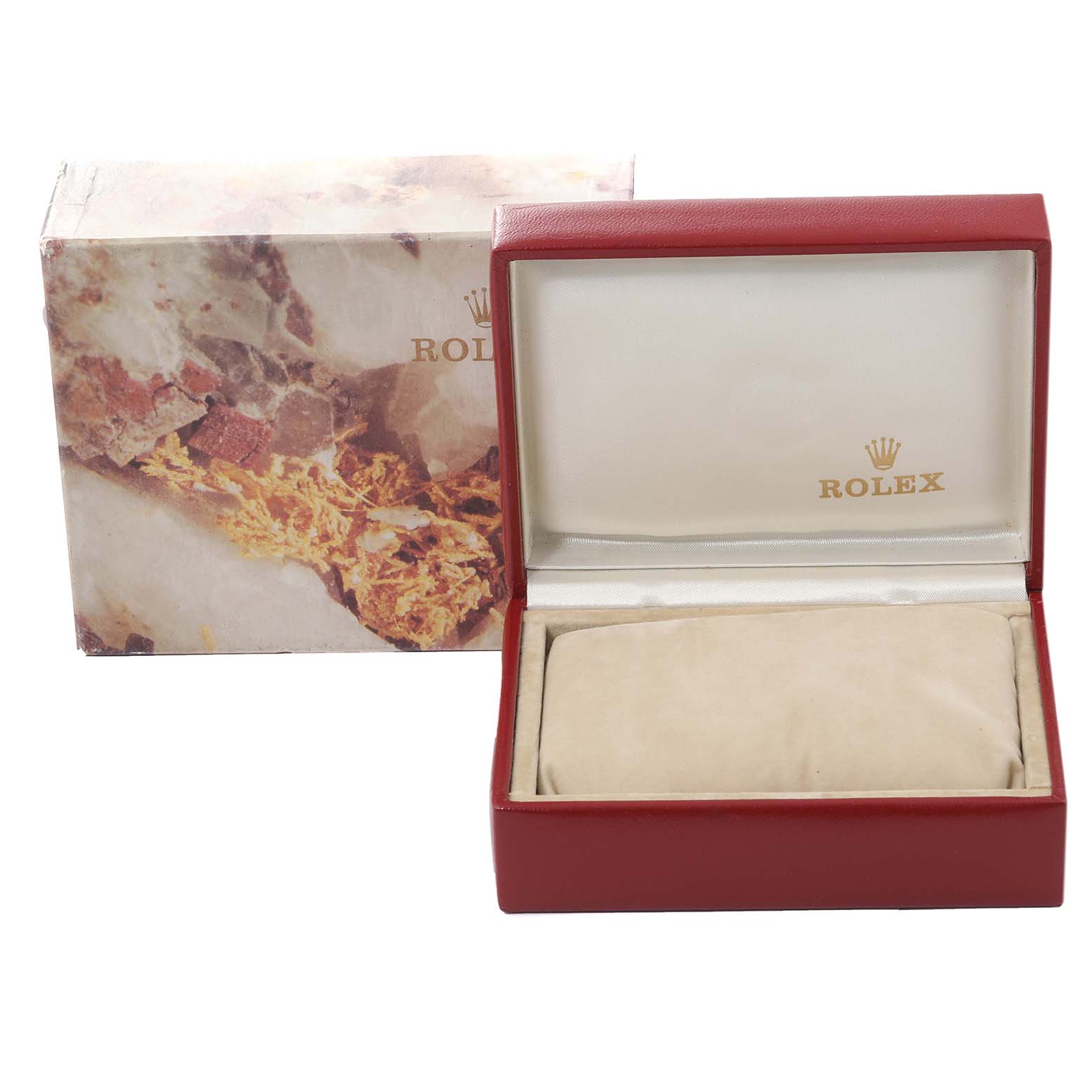 This image shows an empty Rolex Datejust 69173 Women's Steel and Gold (two tone) White Dial 69173 Women's Steel and Gold (two tone) White Dial watch box with a cushion, alongside an outer packaging box.