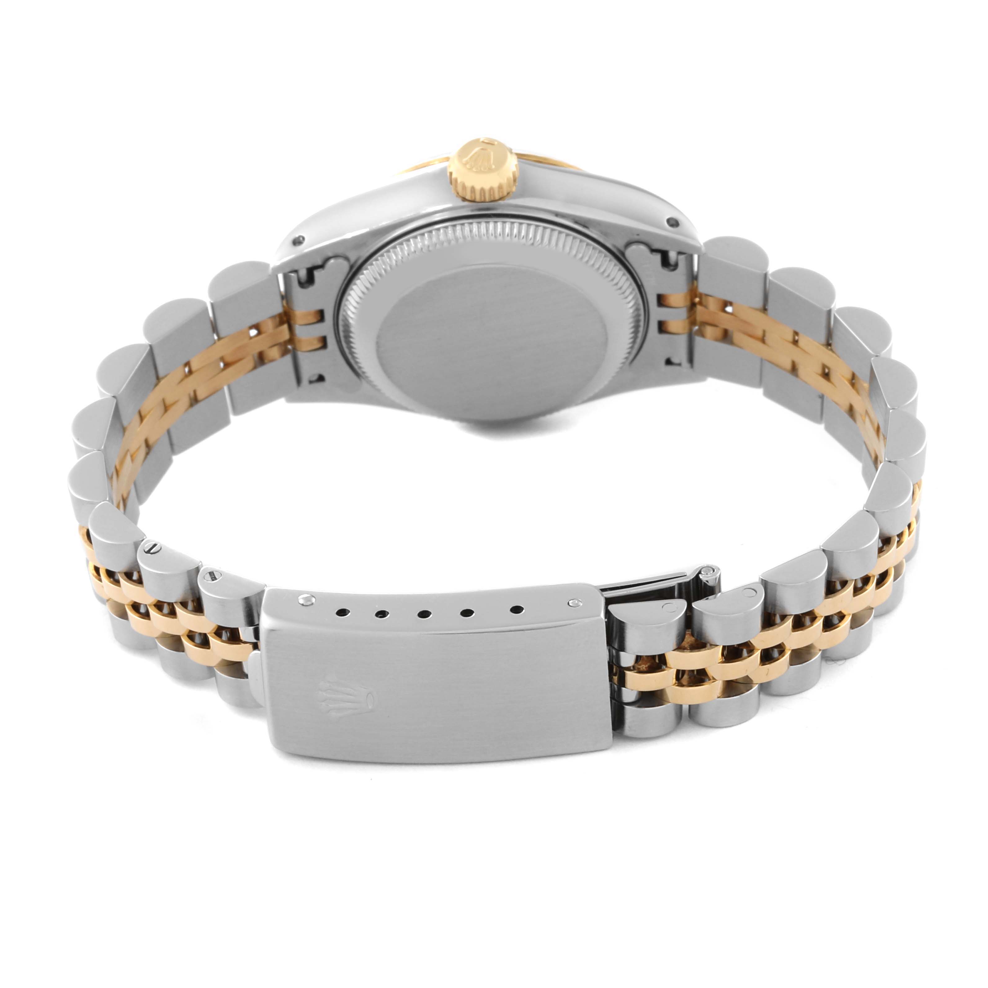 This image shows the back view of a Rolex Datejust 69173 Women's Steel and Gold (two tone) White Dial 69173 Women's Steel and Gold (two tone) White Dial watch, highlighting the clasp, bracelet links, and caseback.