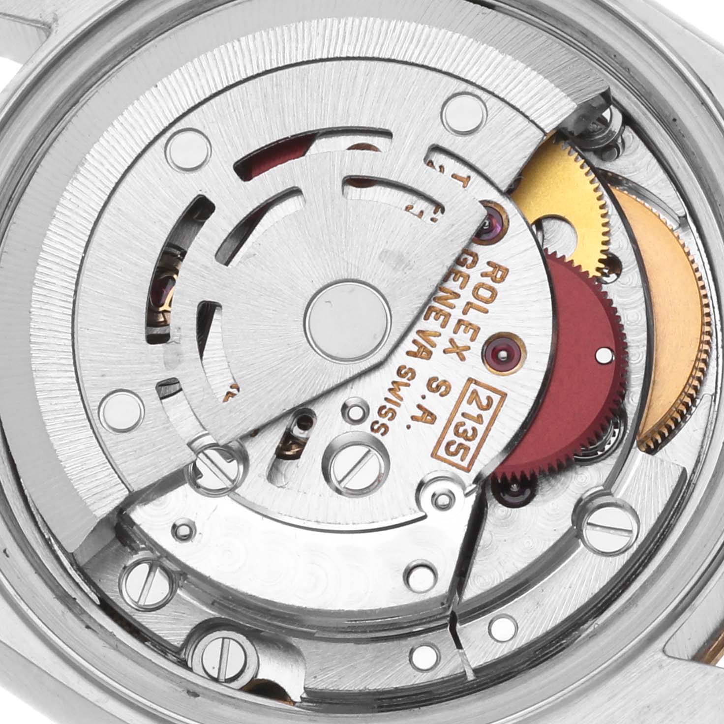 The image shows the inner mechanical components, specifically the movement, of a Rolex Datejust 69173 Women's Steel and Gold (two tone) White Dial 69173 Women's Steel and Gold (two tone) White Dial watch.