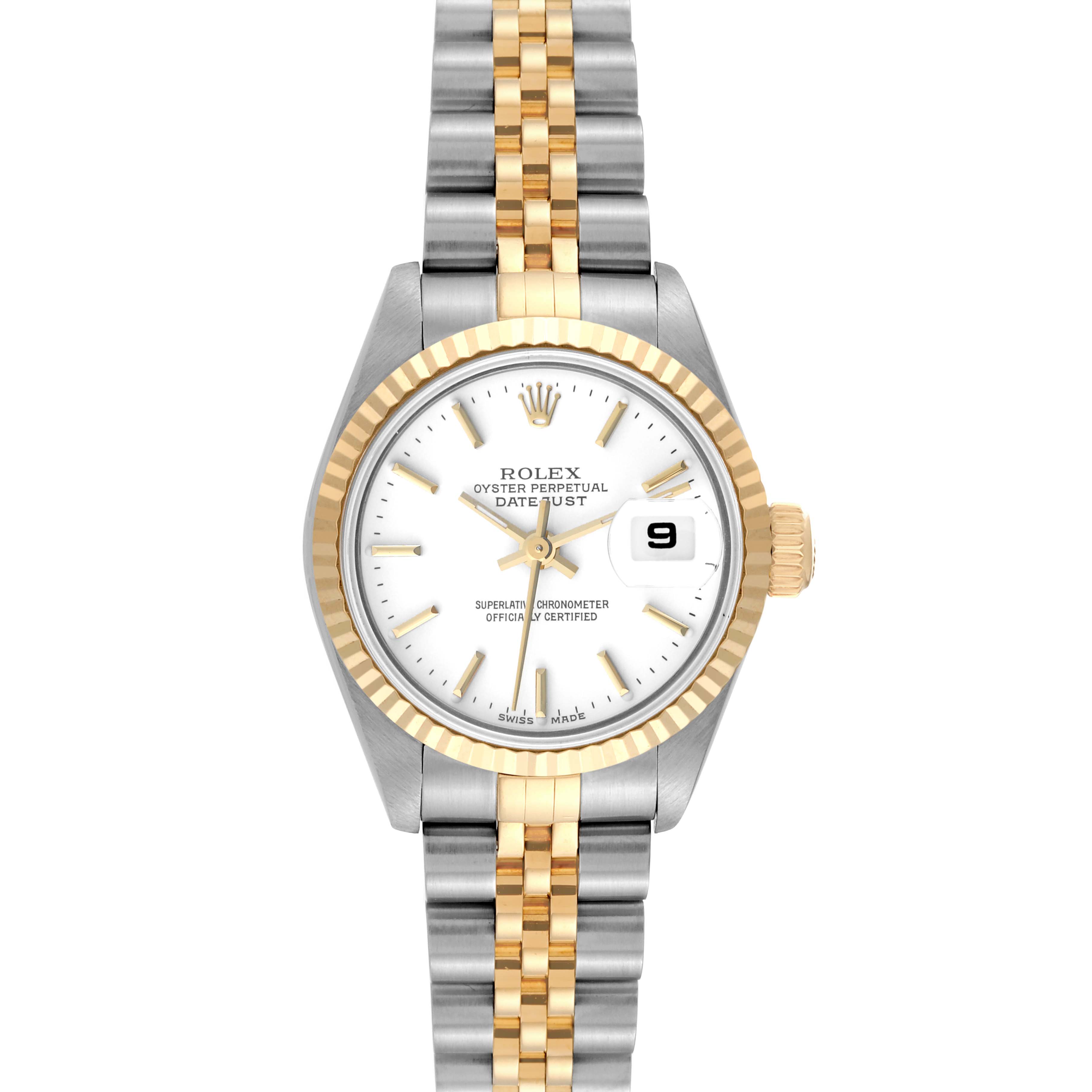 The image shows a front view of the Rolex Datejust 69173 Women's Steel and Gold (two tone) White Dial 69173 Women's Steel and Gold (two tone) White Dial watch, including the dial, bezel, and bracelet.