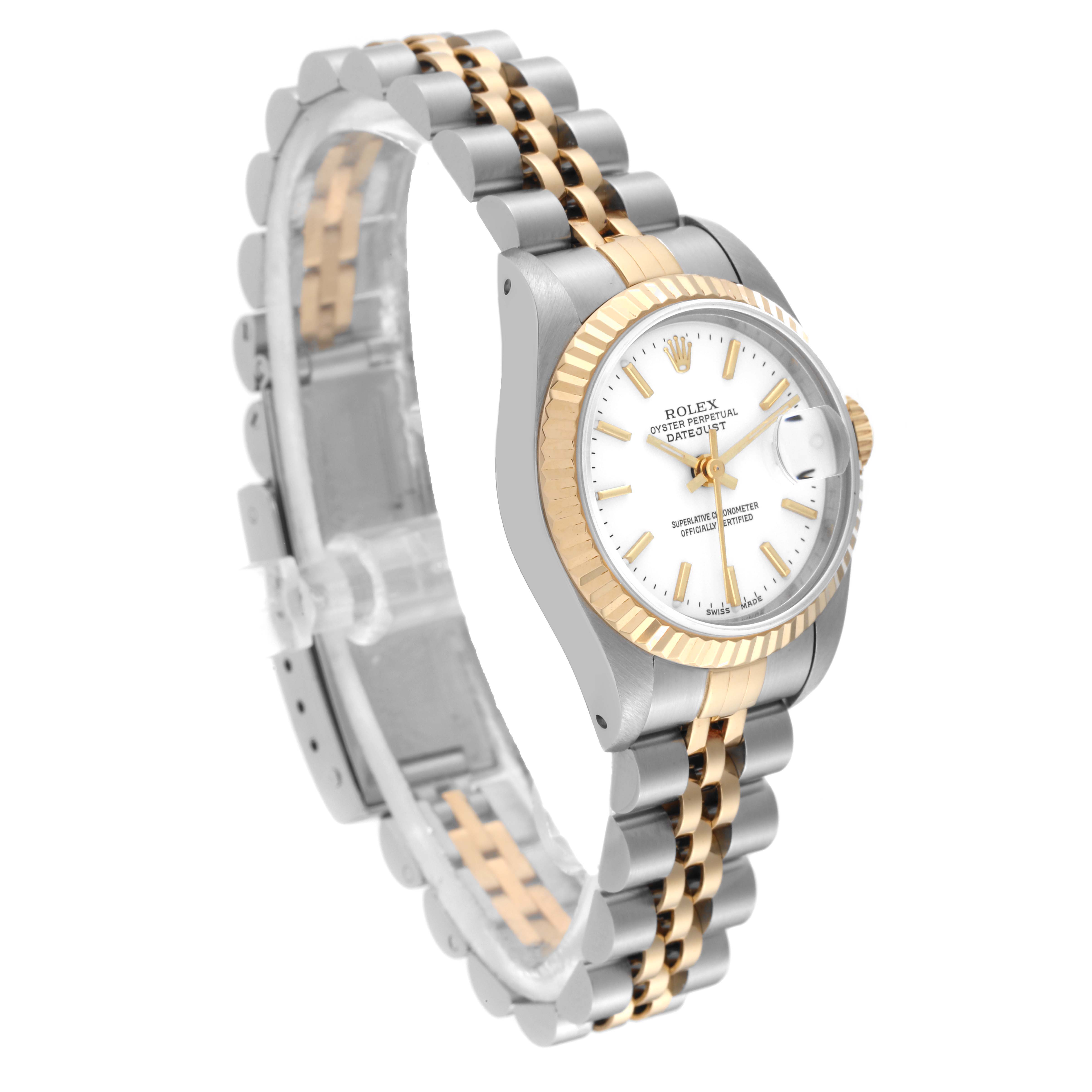 This Rolex Datejust 69173 Women's Steel and Gold (two tone) White Dial 69173 Women's Steel and Gold (two tone) White Dial watch is shown at a three-quarter angle displaying its two-tone bracelet, bezel, and face.