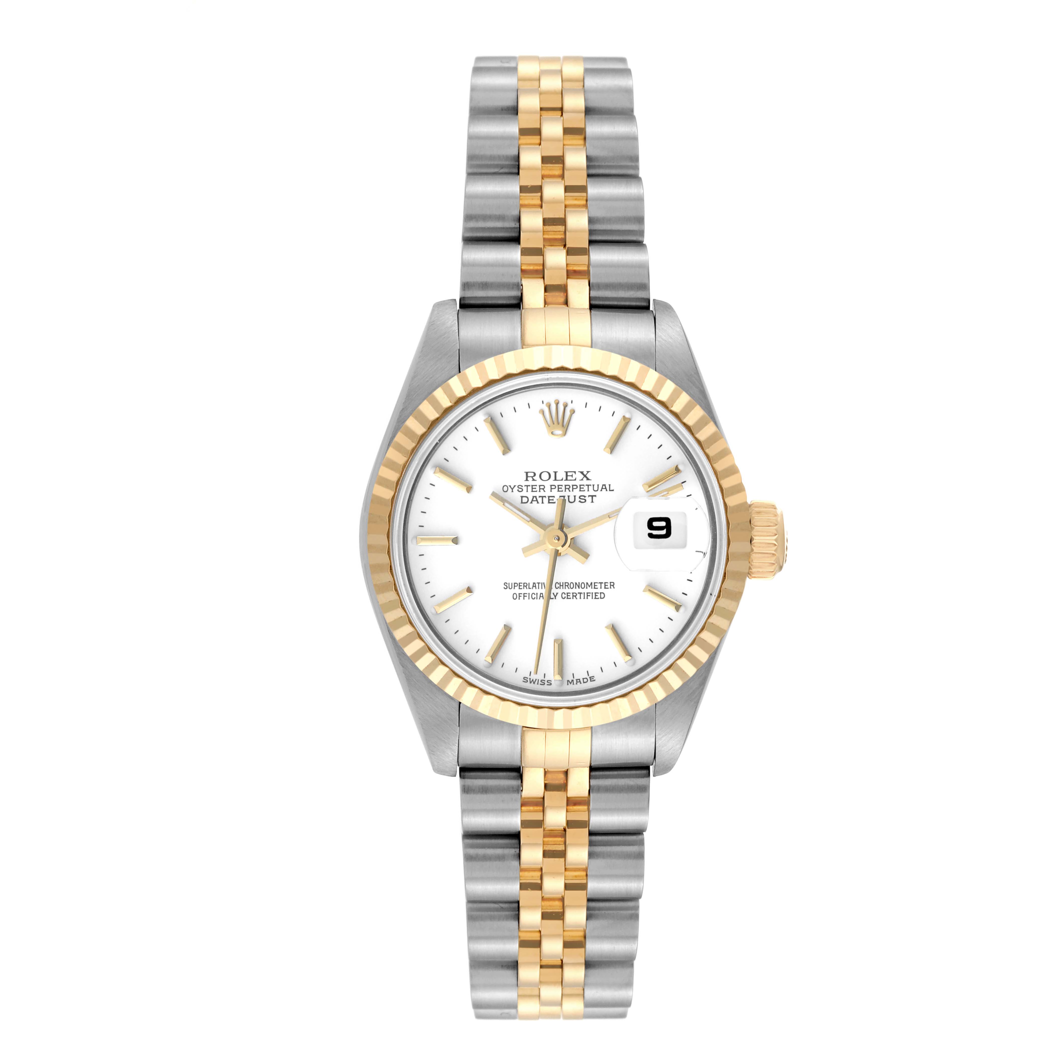 This image shows a Rolex Datejust 69173 Women's Steel and Gold (two tone) White Dial 69173 Women's Steel and Gold (two tone) White Dial watch from a front view, displaying its face, bezel, and two-tone bracelet.