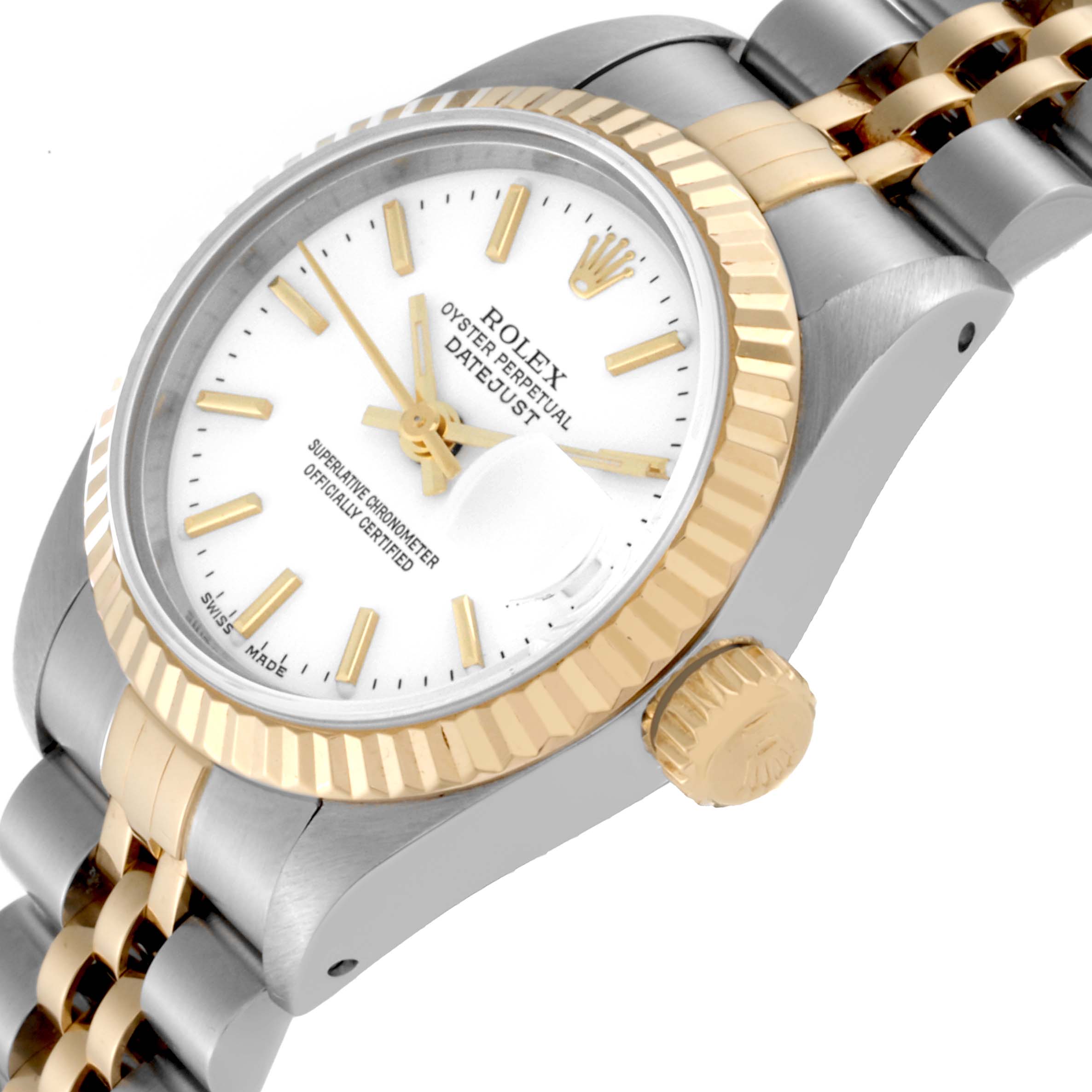 This image shows a close-up side angle of the Rolex Datejust 69173 Women's Steel and Gold (two tone) White Dial 69173 Women's Steel and Gold (two tone) White Dial model, highlighting the dial, bezel, crown, and part of the bracelet.