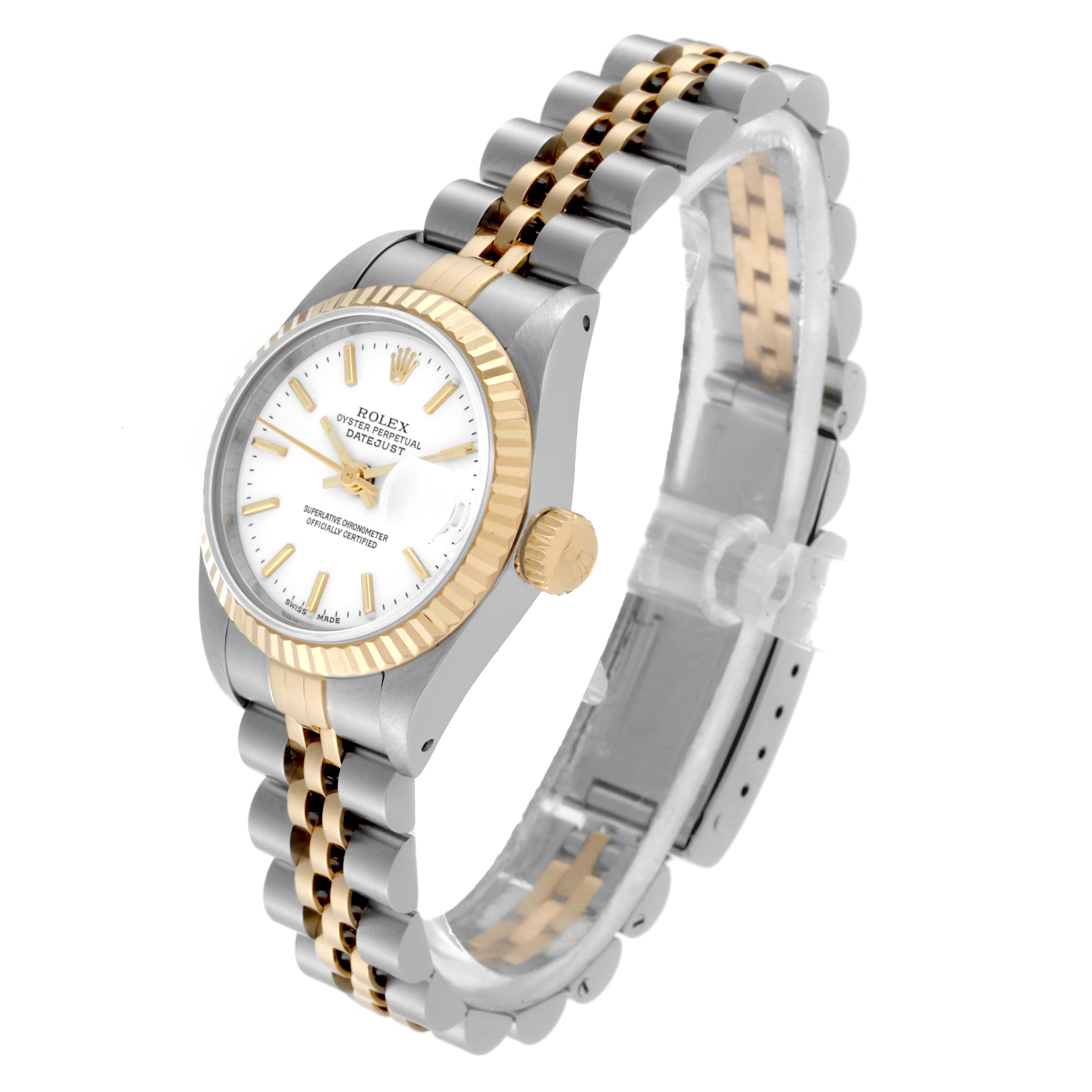 The image shows a Rolex Datejust 69173 Women's Steel and Gold (two tone) White Dial 69173 Women's Steel and Gold (two tone) White Dial watch at a slight angle, highlighting the dial, case, and two-tone bracelet.