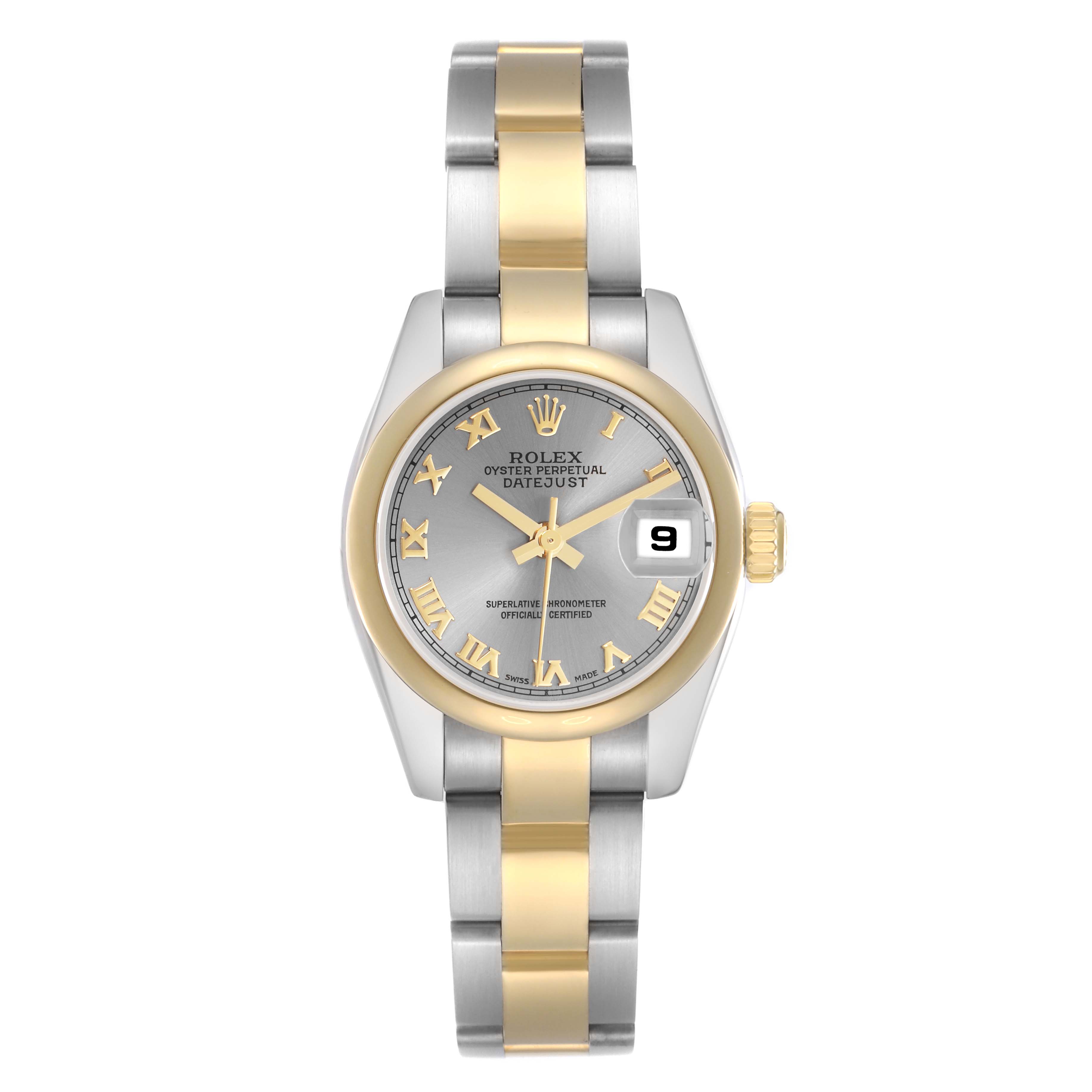 The Rolex Datejust 179163 Women
s Steel and Gold (two tone) Grey Dial 179163 Women
s Steel and Gold (two tone) Grey Dial watch is shown from the front, featuring a two-tone bracelet and a gold bezel, with the date visible.