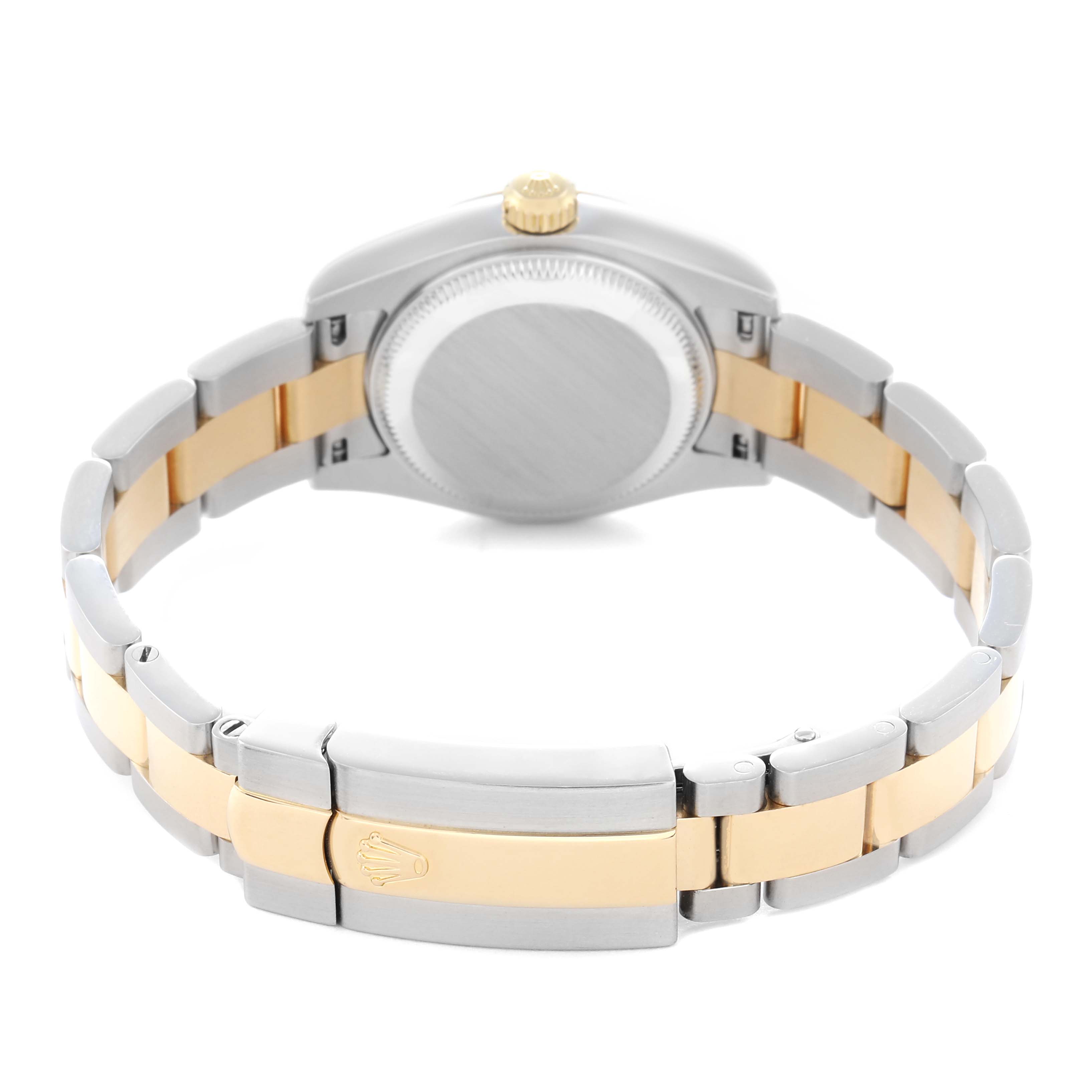The image shows the back of a Rolex Datejust 179163 Women
s Steel and Gold (two tone) Grey Dial 179163 Women
s Steel and Gold (two tone) Grey Dial, highlighting its two-tone bracelet and clasp.