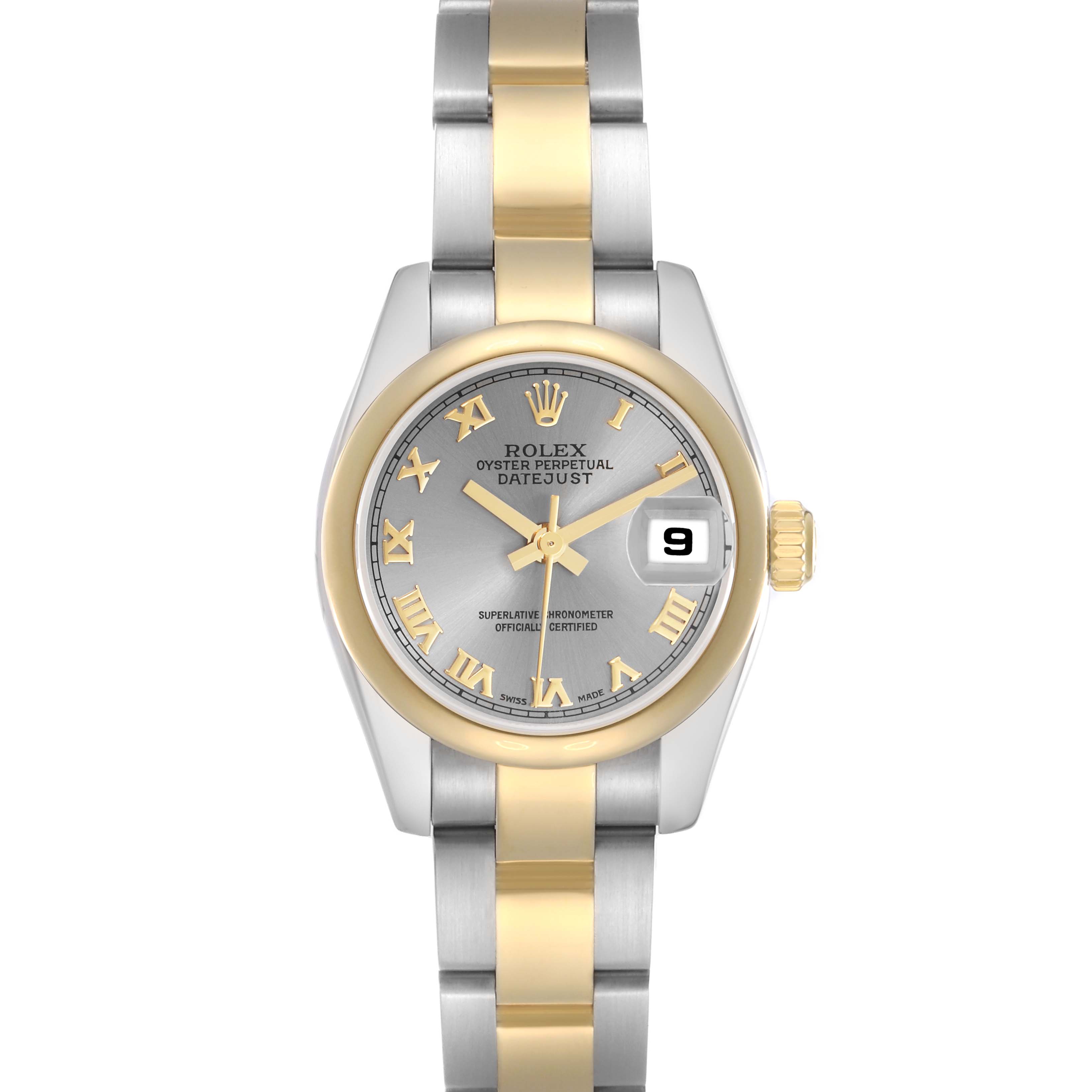 The image shows a Rolex Datejust 179163 Women
s Steel and Gold (two tone) Grey Dial 179163 Women
s Steel and Gold (two tone) Grey Dial watch from the front, highlighting its silver and gold bracelet, gold bezel, and date display.