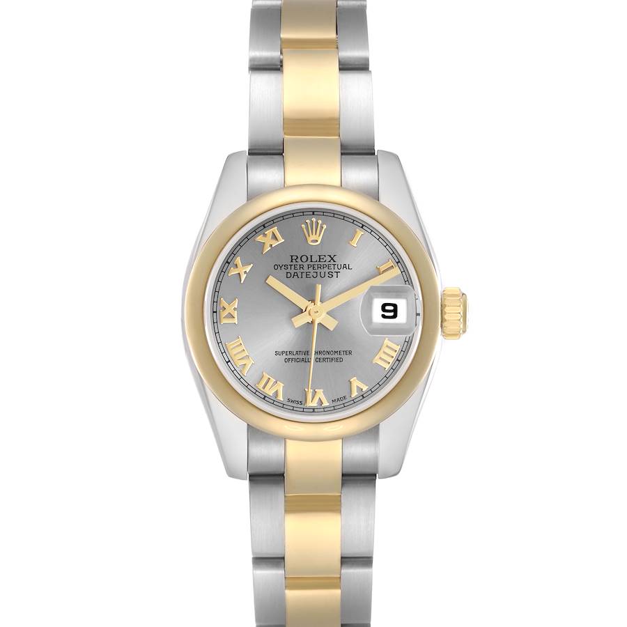The image shows a Rolex Datejust watch from the front, highlighting its silver and gold bracelet, gold bezel, and date display.