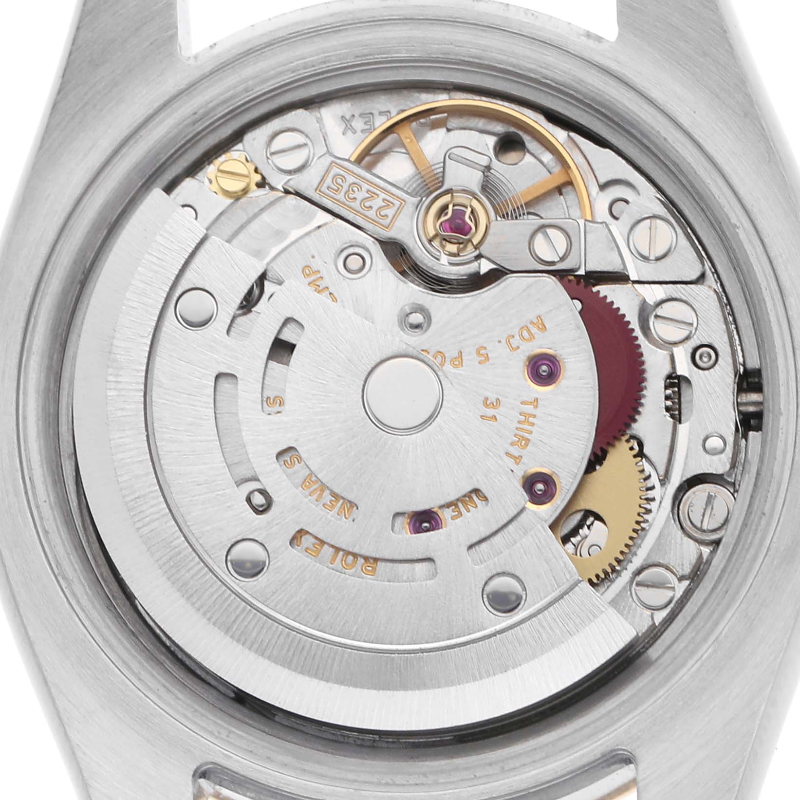 The image shows a top-down view of the Rolex Datejust 179163 Women
s Steel and Gold (two tone) Grey Dial 179163 Women
s Steel and Gold (two tone) Grey Dial
s movement mechanism, detailing its intricate components.