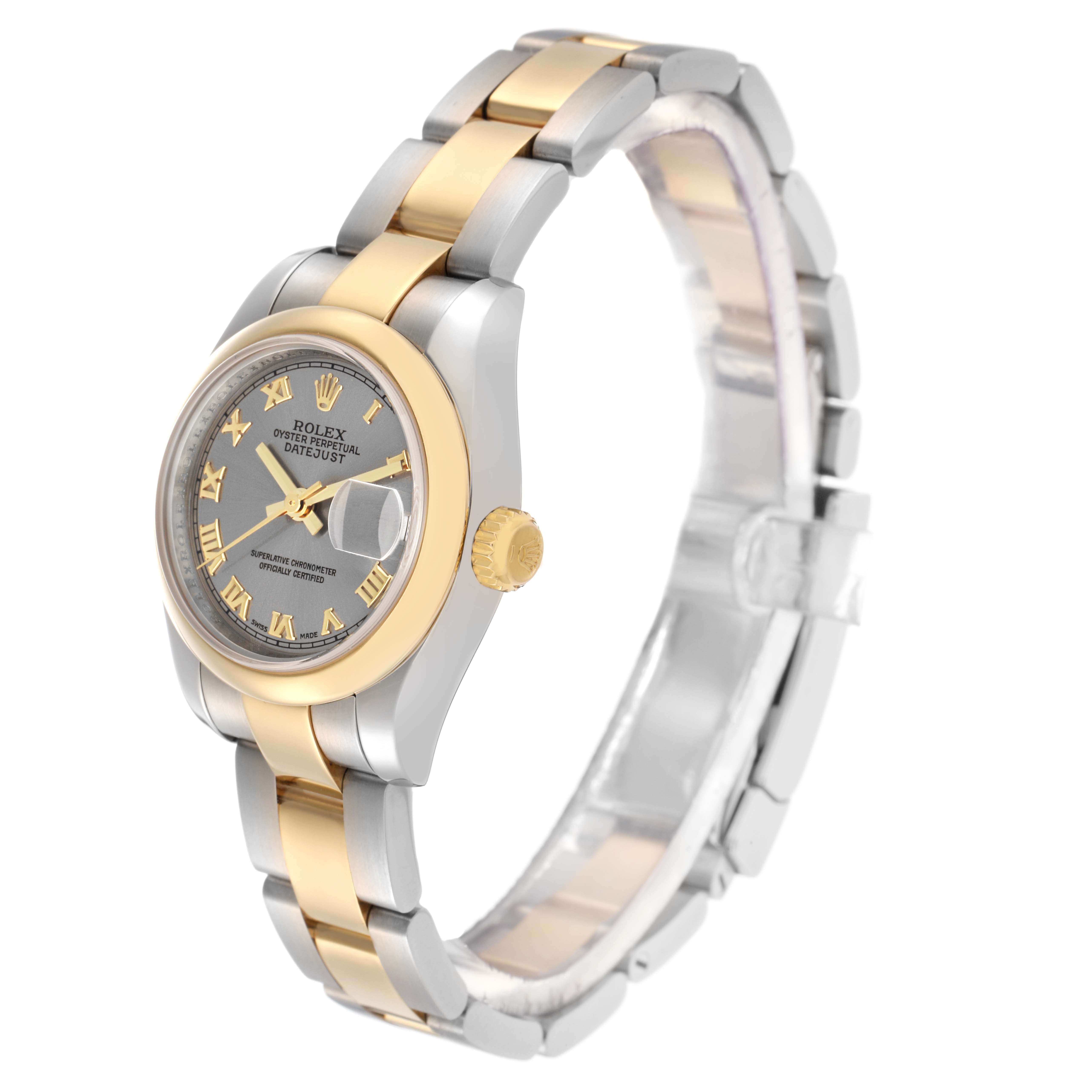 The Rolex Datejust 179163 Women
s Steel and Gold (two tone) Grey Dial 179163 Women
s Steel and Gold (two tone) Grey Dial watch is shown at a three-quarter angle featuring the face, bezel, crown, and bracelet.