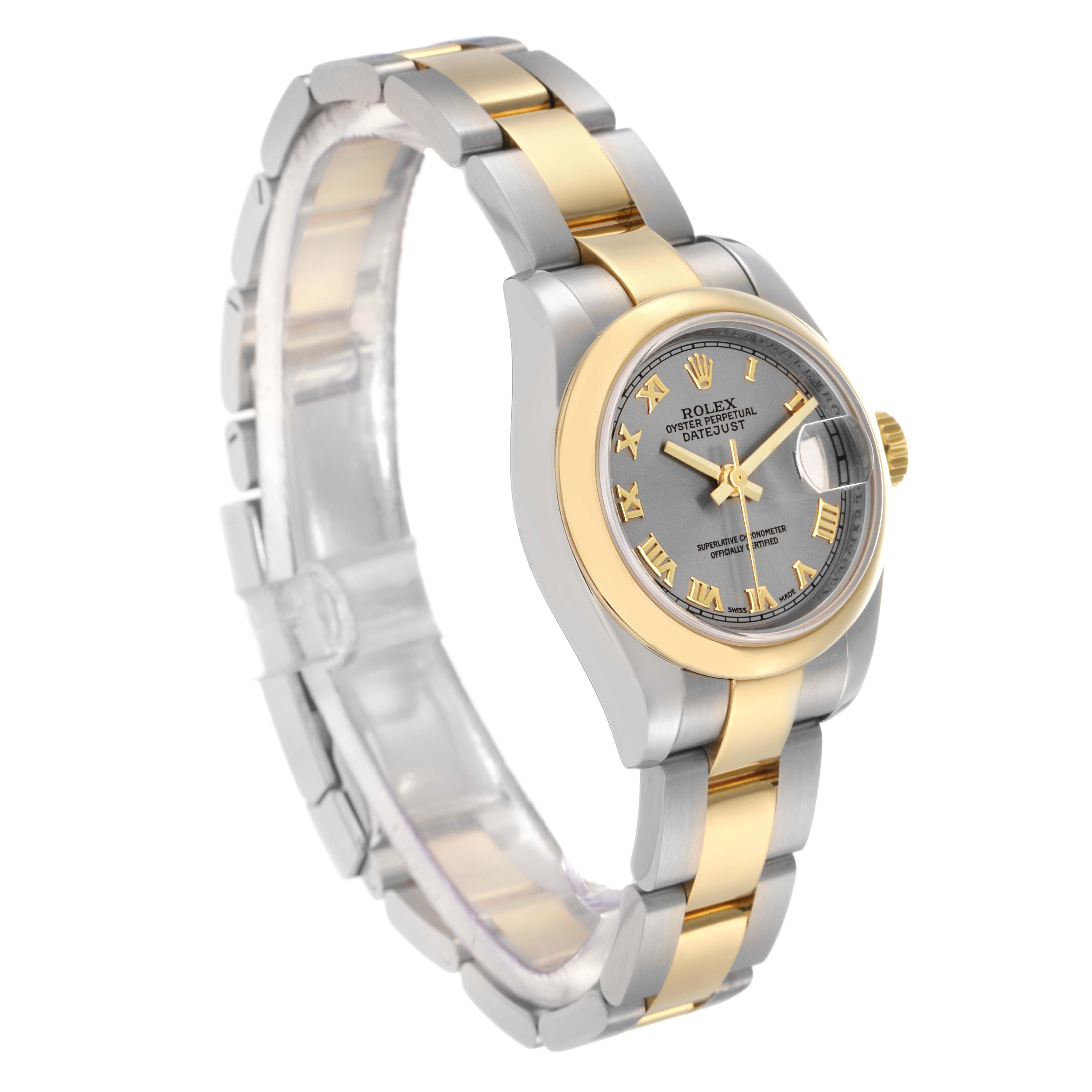 The Rolex Datejust 179163 Women
s Steel and Gold (two tone) Grey Dial 179163 Women
s Steel and Gold (two tone) Grey Dial watch is shown at a 3/4 angle, displaying the dial, bezel, and bracelet.