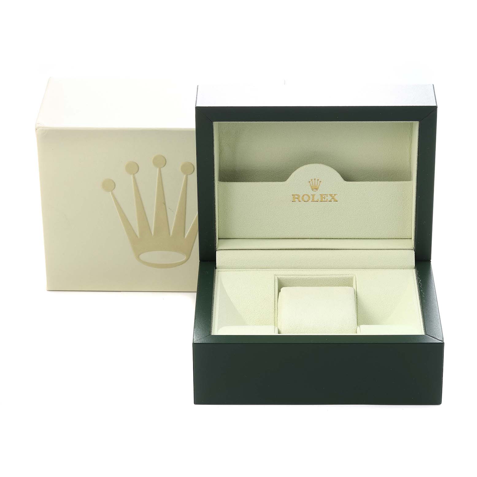 The image shows an open Rolex Datejust 179163 Women
s Steel and Gold (two tone) Grey Dial 179163 Women
s Steel and Gold (two tone) Grey Dial watch box at eye level with a beige and green color scheme, and the logo prominently displayed.