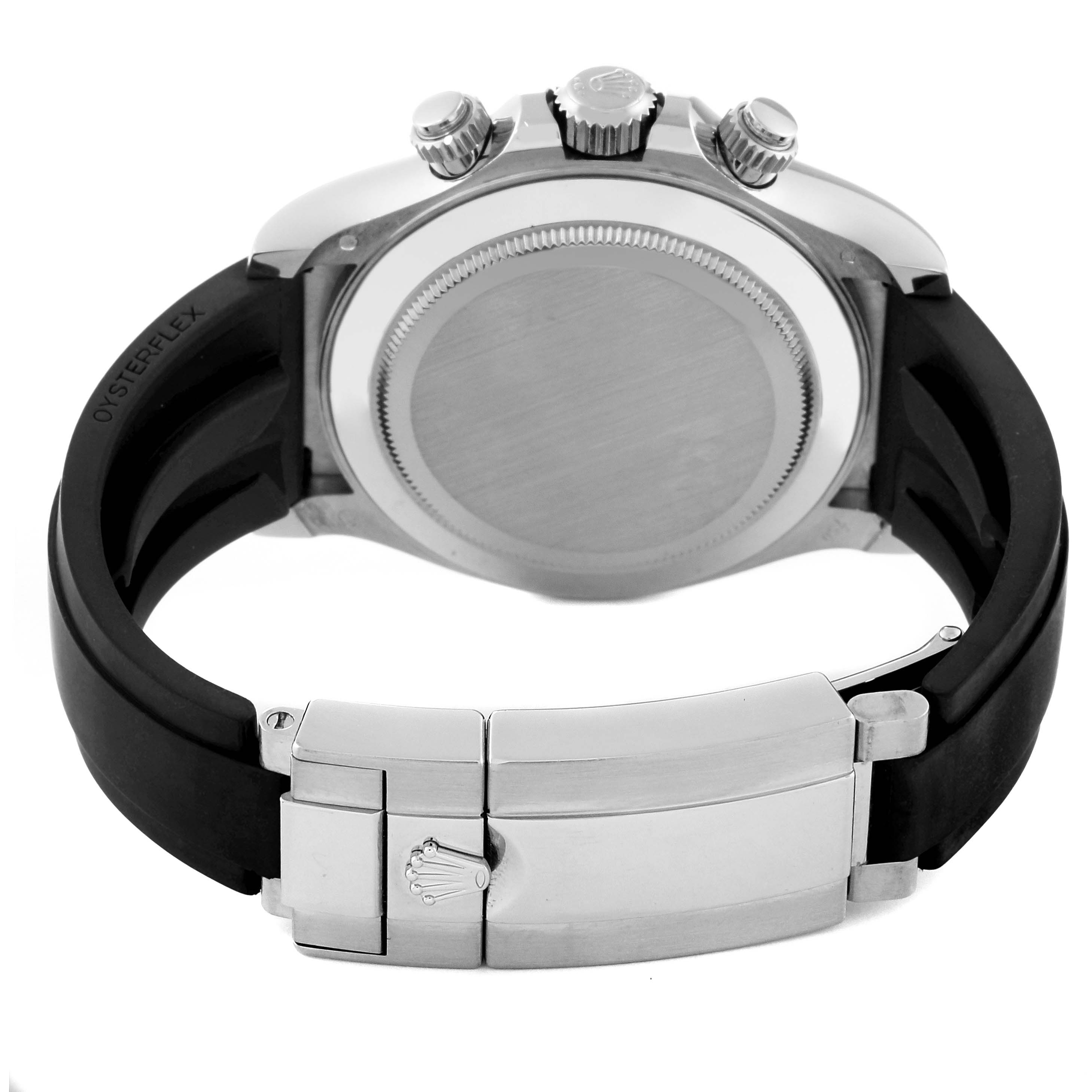 The image shows the back and clasp of a Rolex Daytona 116519 Men's White Gold Silver Dial 116519 Men's White Gold Silver Dial watch with an Oysterflex band.