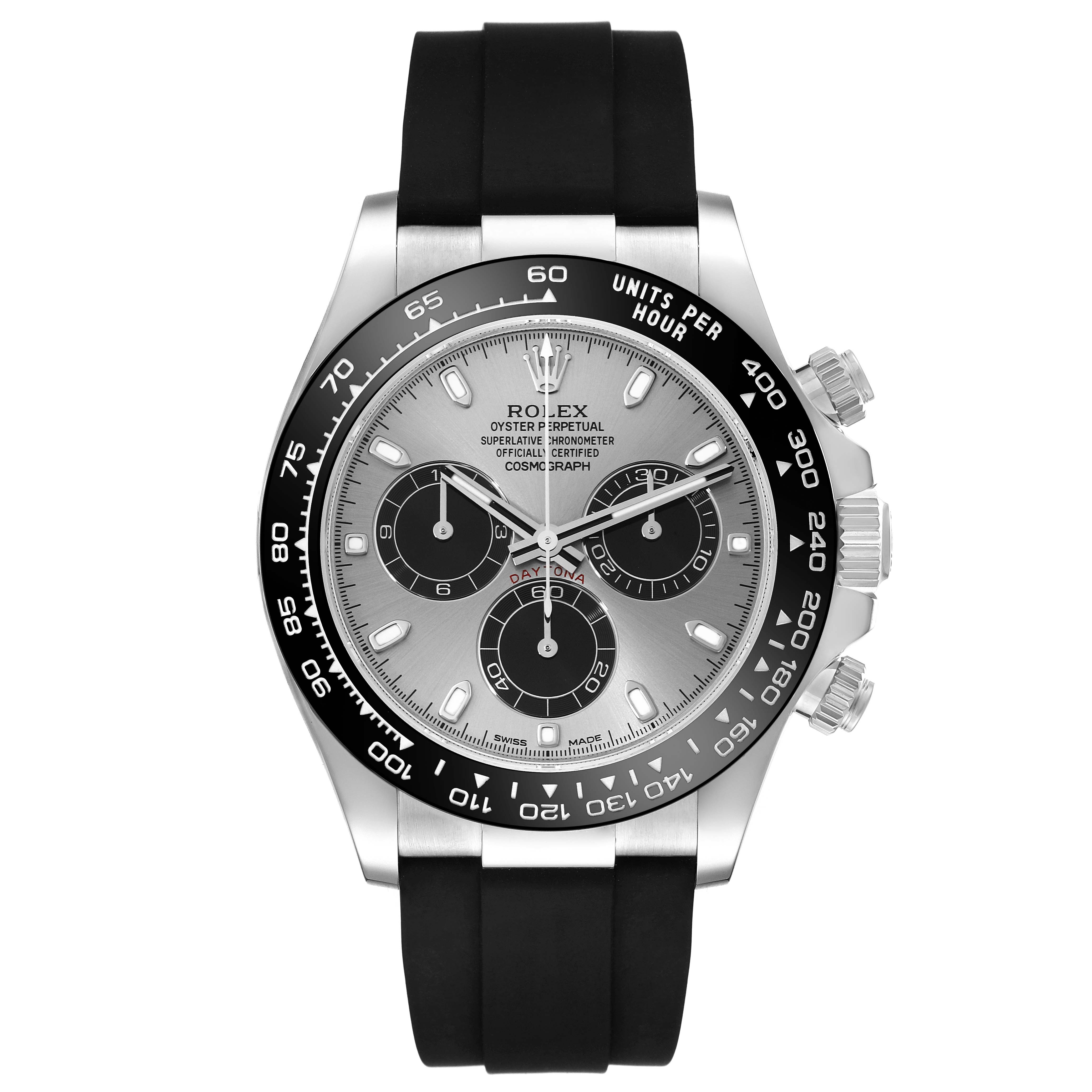 This image shows a front view of a Rolex Daytona 116519 Men's White Gold Silver Dial 116519 Men's White Gold Silver Dial watch with a black rubber strap and a silver dial.