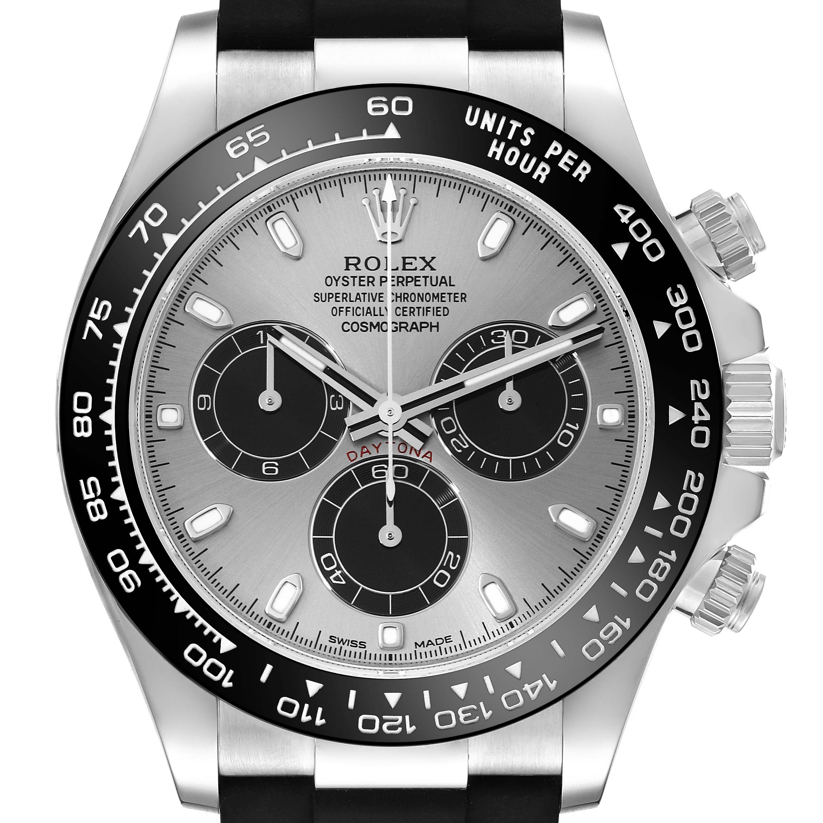 The image showcases a front view of a Rolex Daytona 116519 Men's White Gold Silver Dial 116519 Men's White Gold Silver Dial watch, highlighting its dial, bezel, and chronograph subdials.