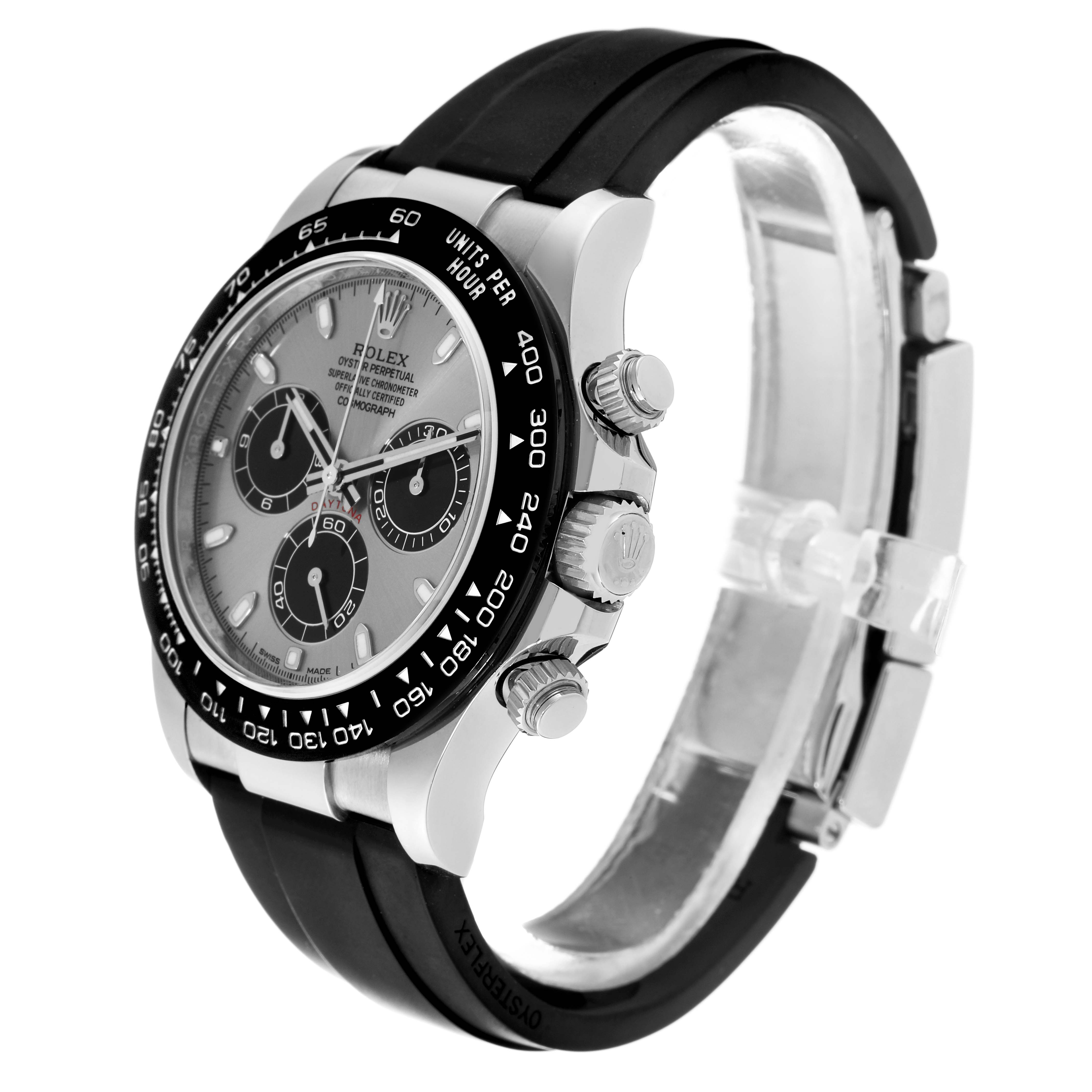 The Rolex Daytona 116519 Men's White Gold Silver Dial 116519 Men's White Gold Silver Dial watch is shown at a three-quarter angle, displaying the face, bezel with tachymeter scale, pushers, and rubber strap.