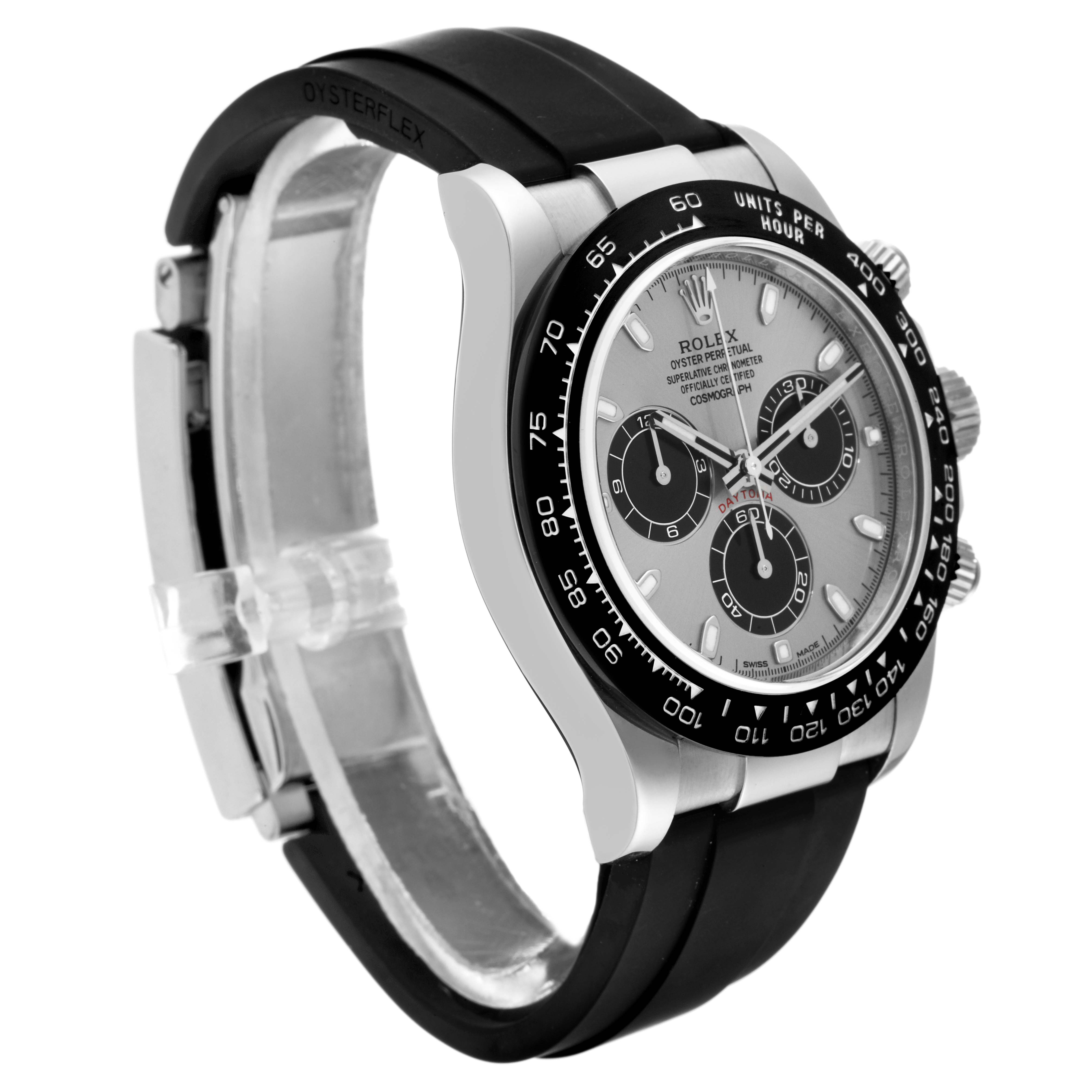 The image shows a Rolex Daytona 116519 Men's White Gold Silver Dial 116519 Men's White Gold Silver Dial watch at a three-quarter angle, highlighting the dial, bezel, and black Oysterflex strap.