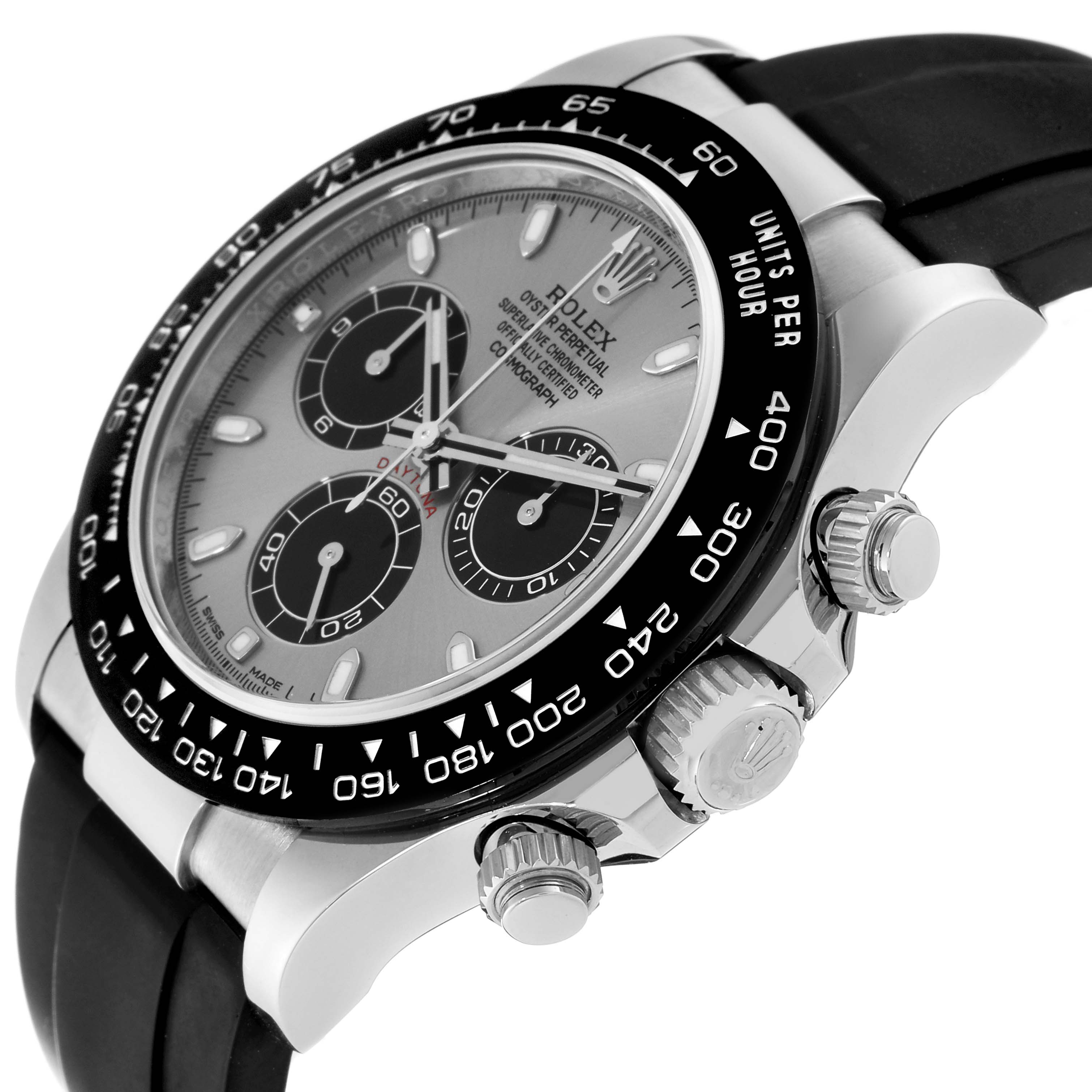 The Rolex Daytona 116519 Men's White Gold Silver Dial 116519 Men's White Gold Silver Dial watch is shown at a three-quarter angle, highlighting the bezel, dial, chronograph subdials, and crown.