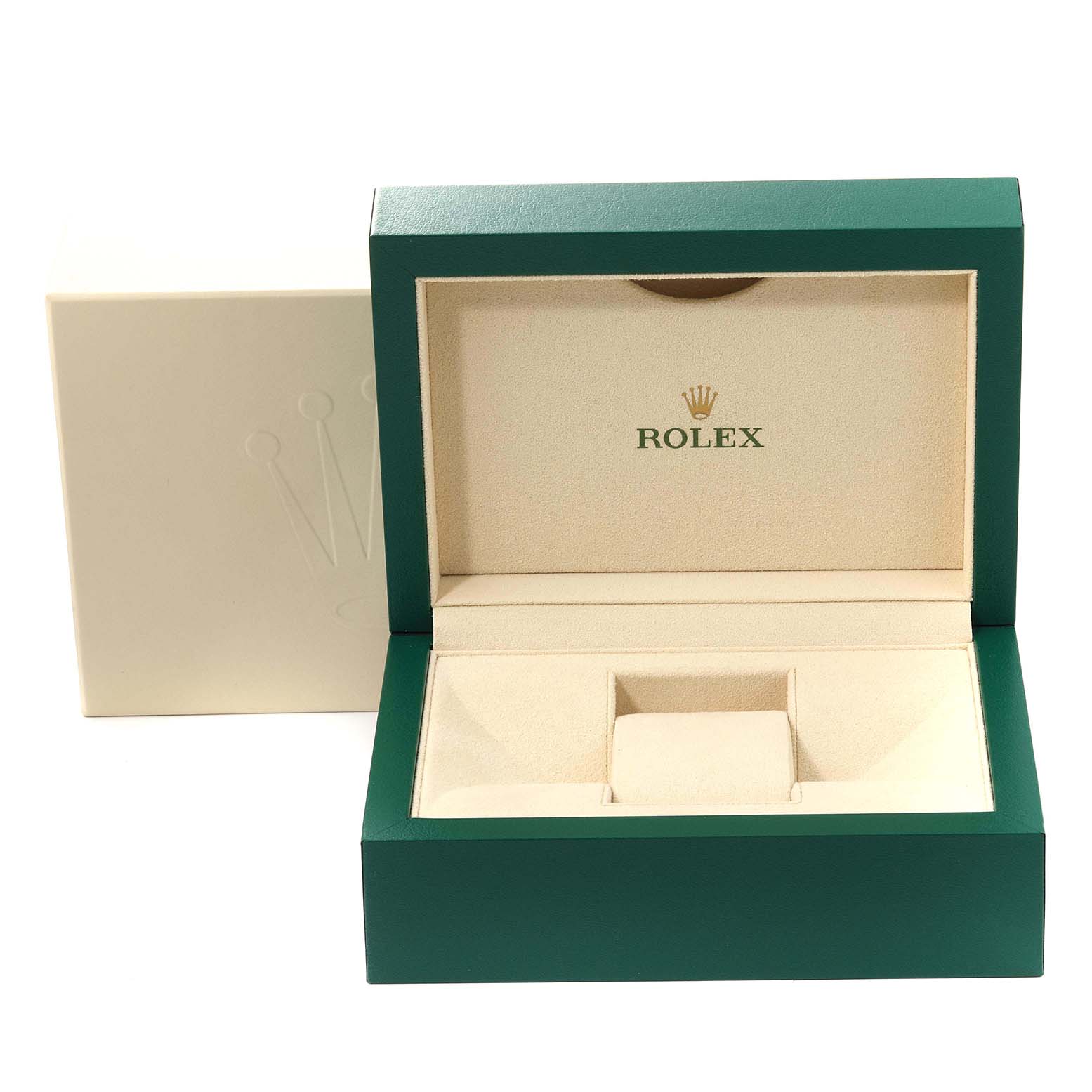 This image shows the open presentation box for a Rolex Daytona 116519 Men's White Gold Silver Dial 116519 Men's White Gold Silver Dial watch, highlighting its green and beige interior.