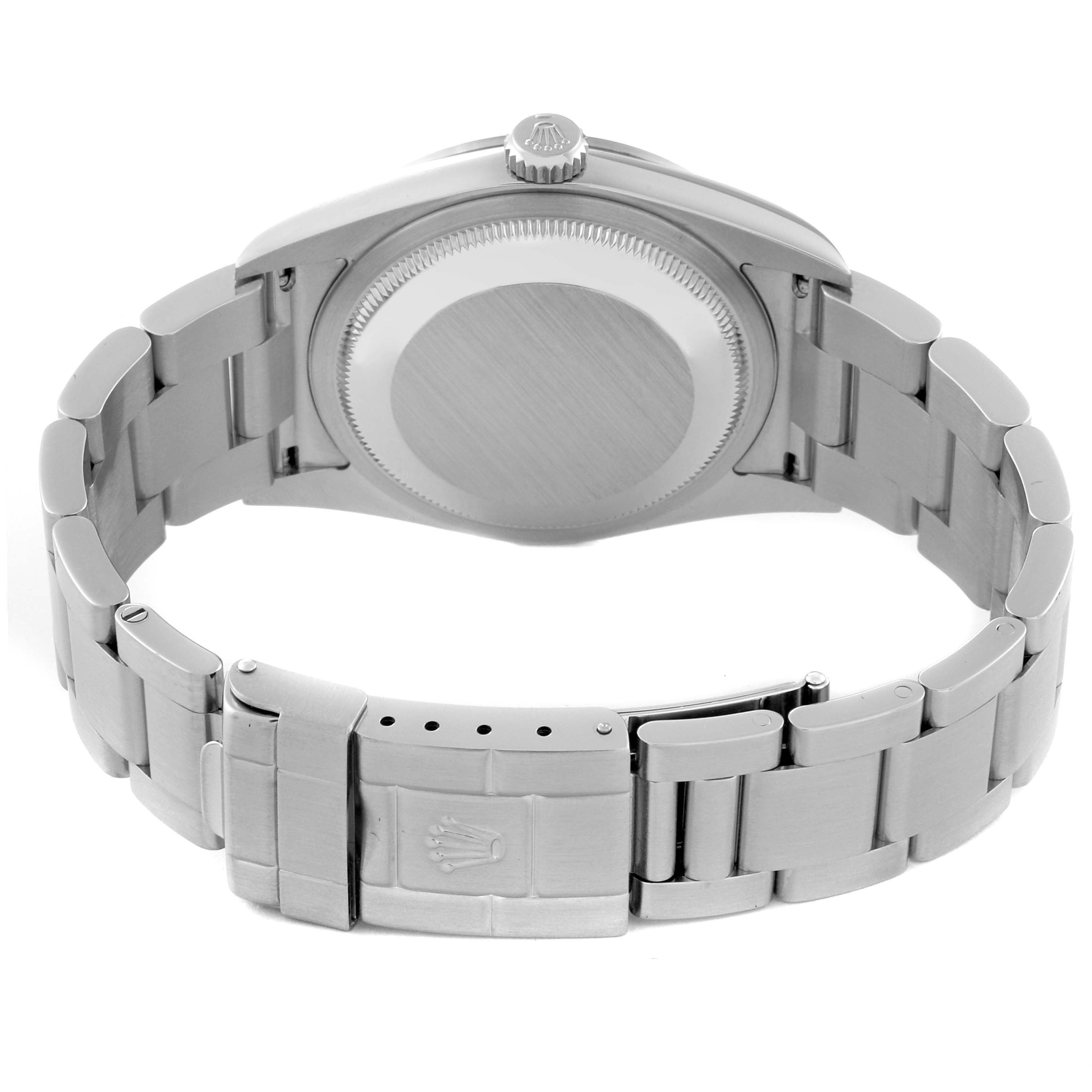 This image shows the back case, crown, and bracelet of a Rolex Explorer 114270 Men
s Stainless Steel Black Dial 114270 Men
s Stainless Steel Black Dial model watch from a rear angle.