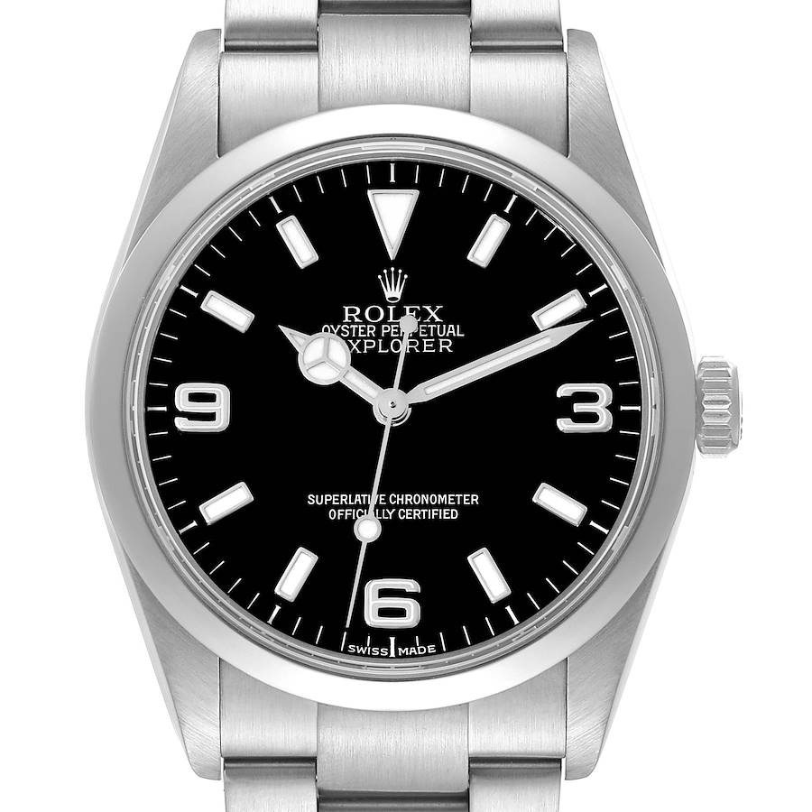 The image shows a front view of a Rolex Explorer watch, showcasing its black dial, silver hour markers, and stainless steel bracelet.