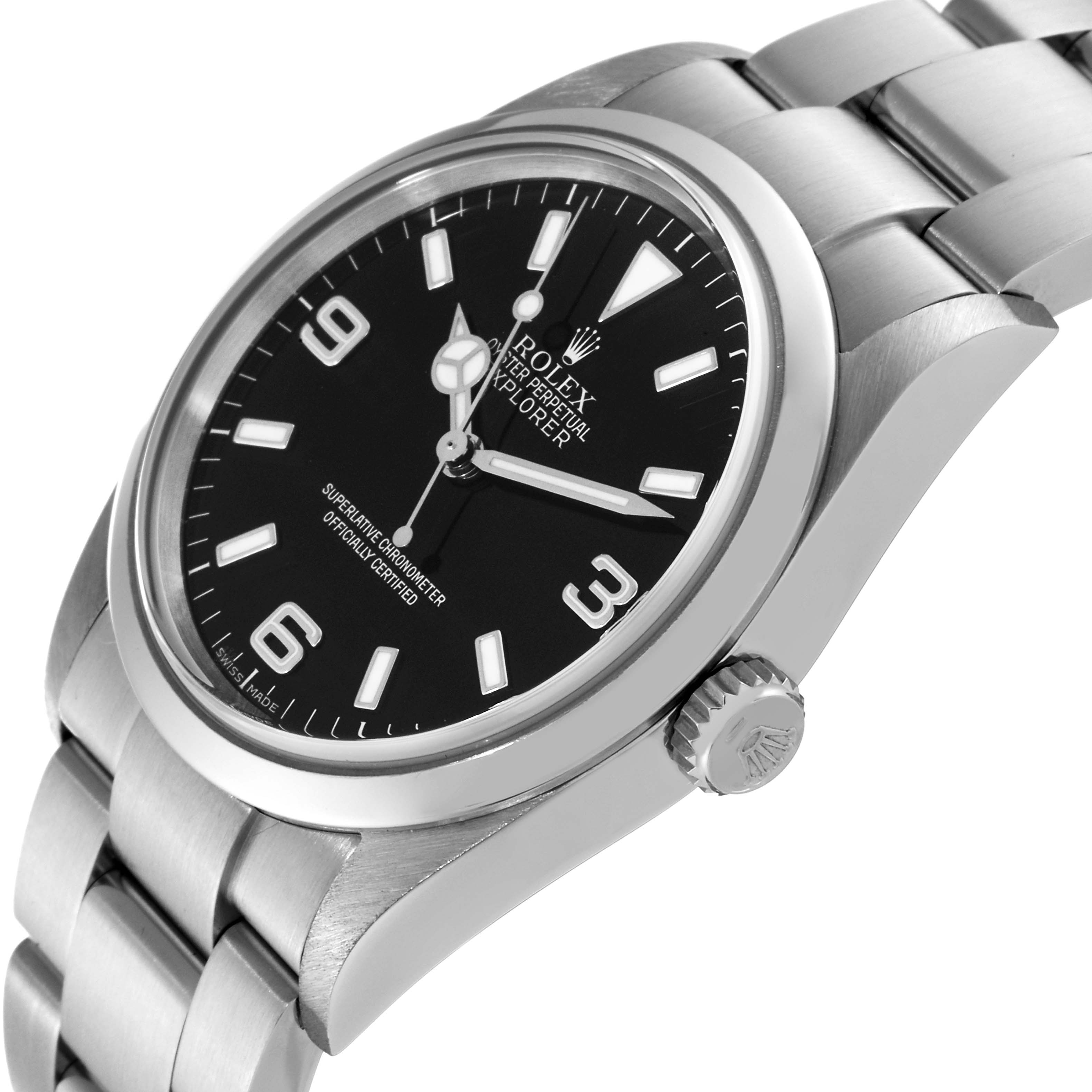 This angled view of the Rolex Explorer 114270 Men
s Stainless Steel Black Dial 114270 Men
s Stainless Steel Black Dial watch shows the dial, case, crown, and part of the bracelet.