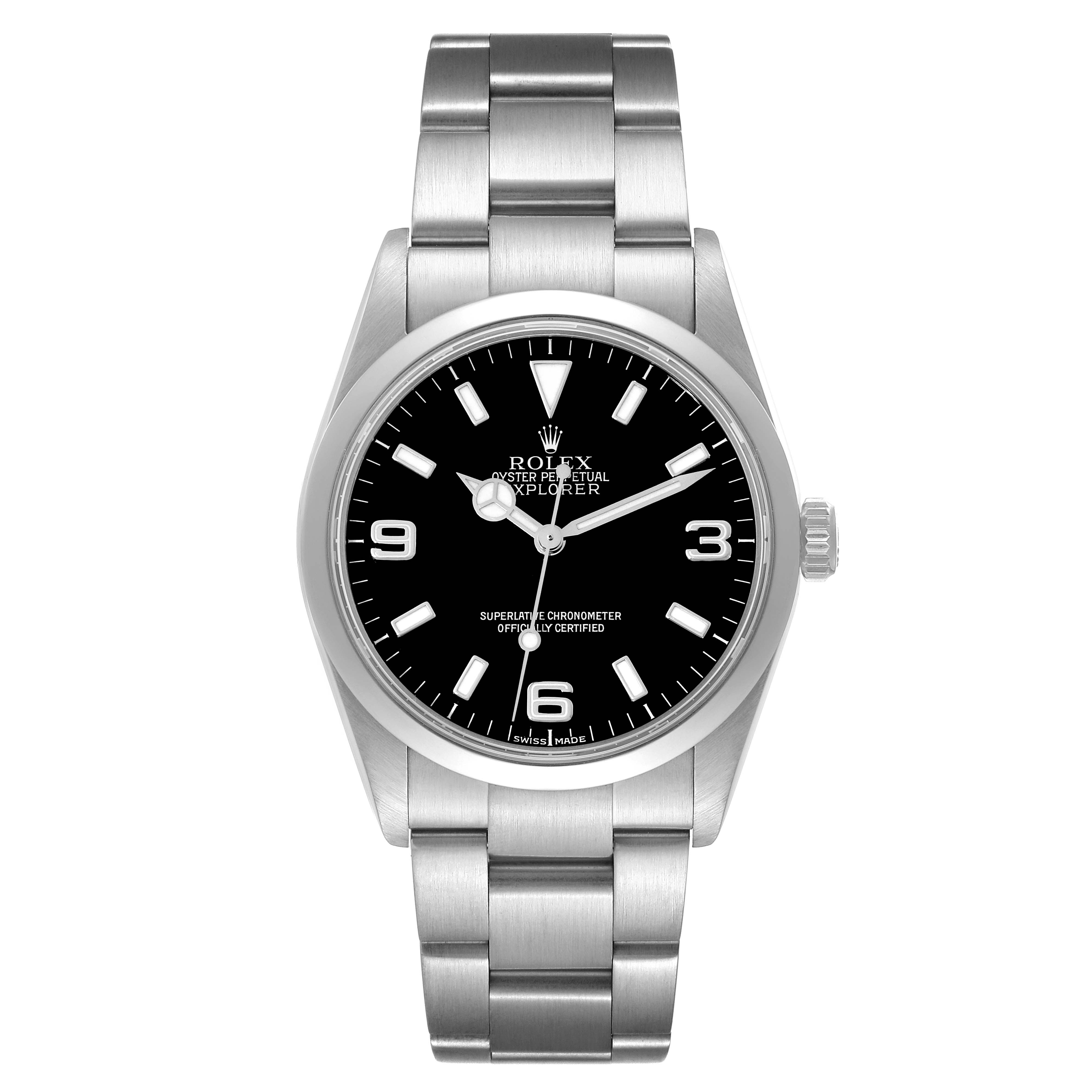 The Rolex Explorer 114270 Men
s Stainless Steel Black Dial 114270 Men
s Stainless Steel Black Dial watch is shown from a top-down angle, highlighting the dial, hands, and bracelet.