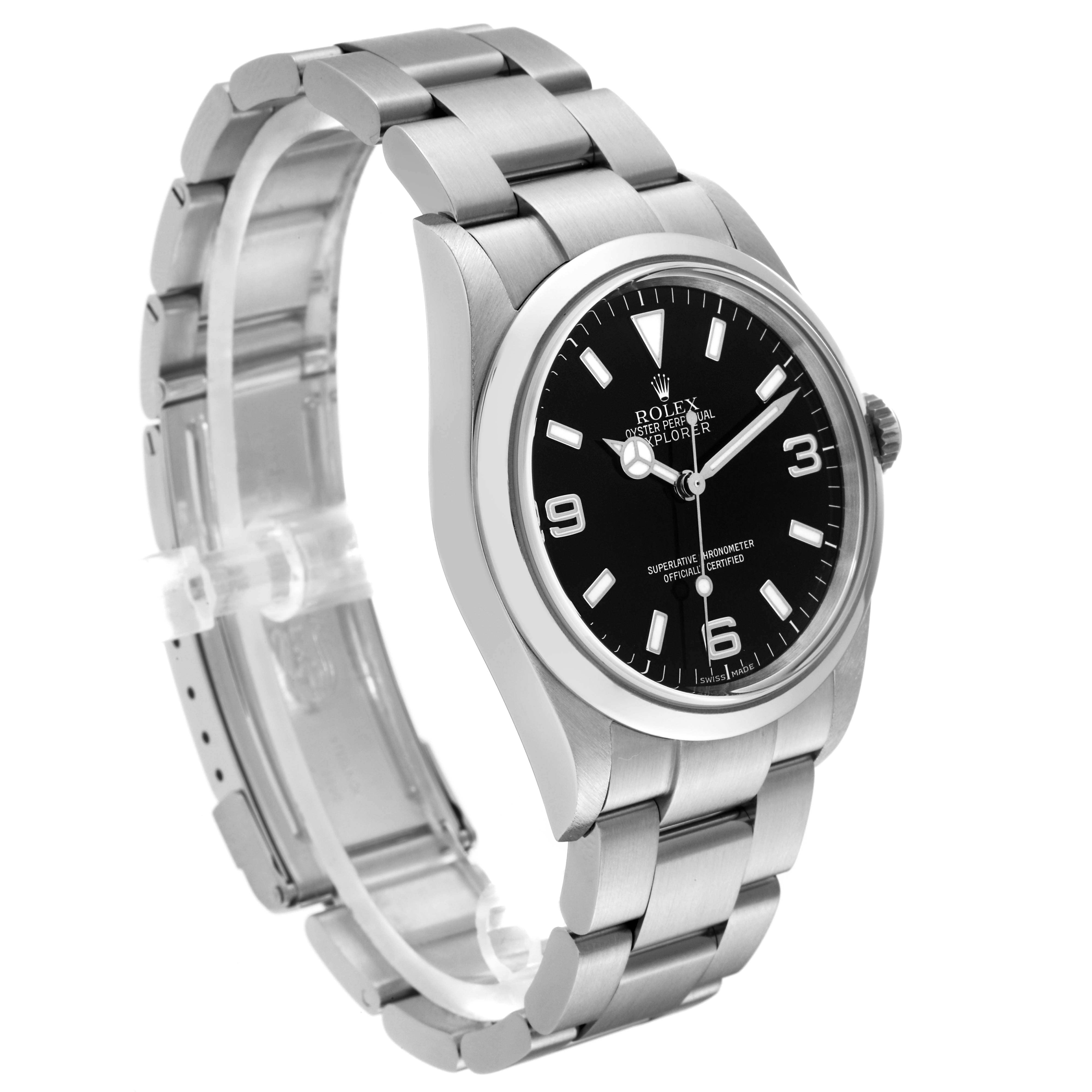 The image shows a three-quarter side view of a Rolex Explorer 114270 Men
s Stainless Steel Black Dial 114270 Men
s Stainless Steel Black Dial watch, displaying its face, bezel, case, and bracelet.