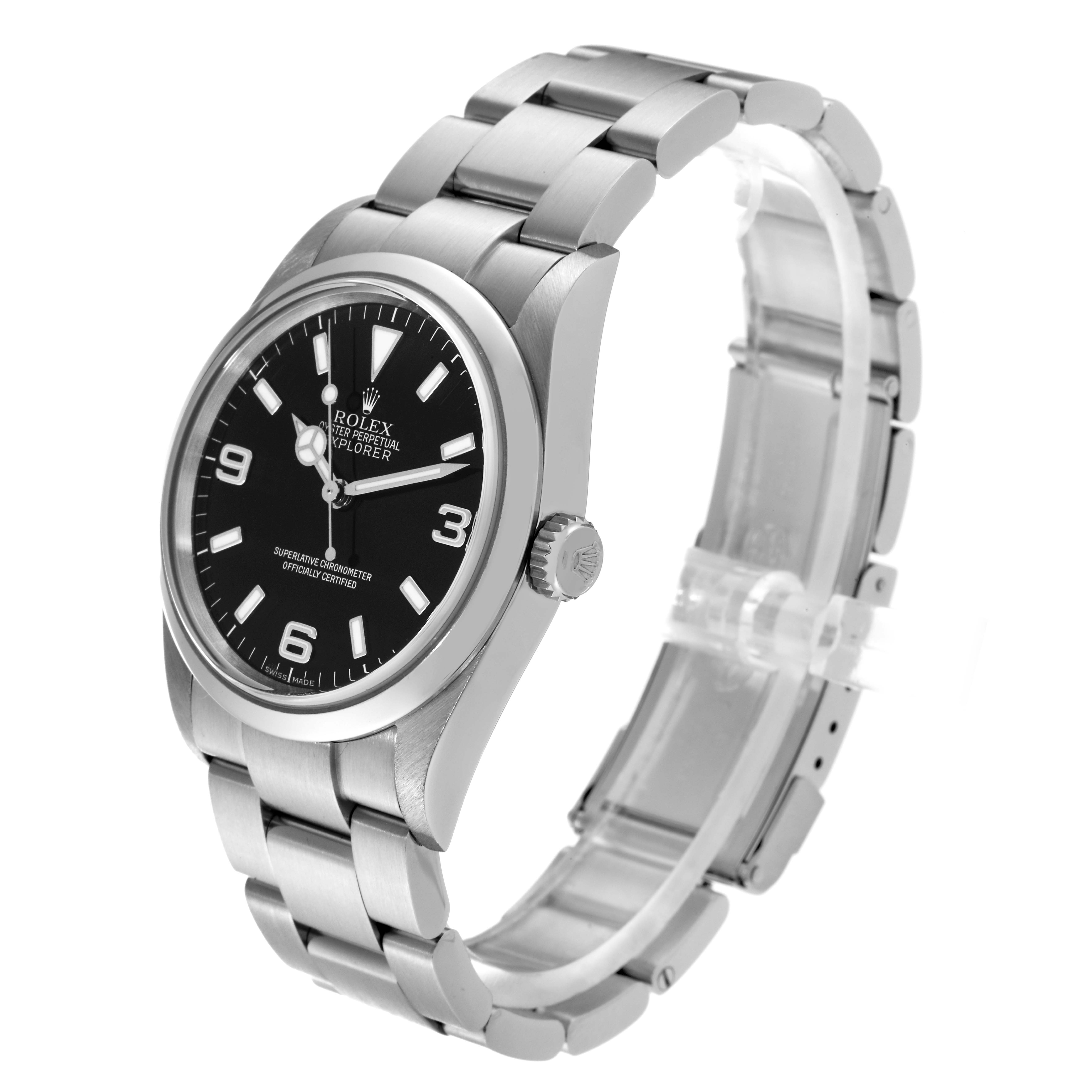 The image shows a side angle of a Rolex Explorer 114270 Men
s Stainless Steel Black Dial 114270 Men
s Stainless Steel Black Dial watch, depicting the watch face, bezel, crown, and bracelet.