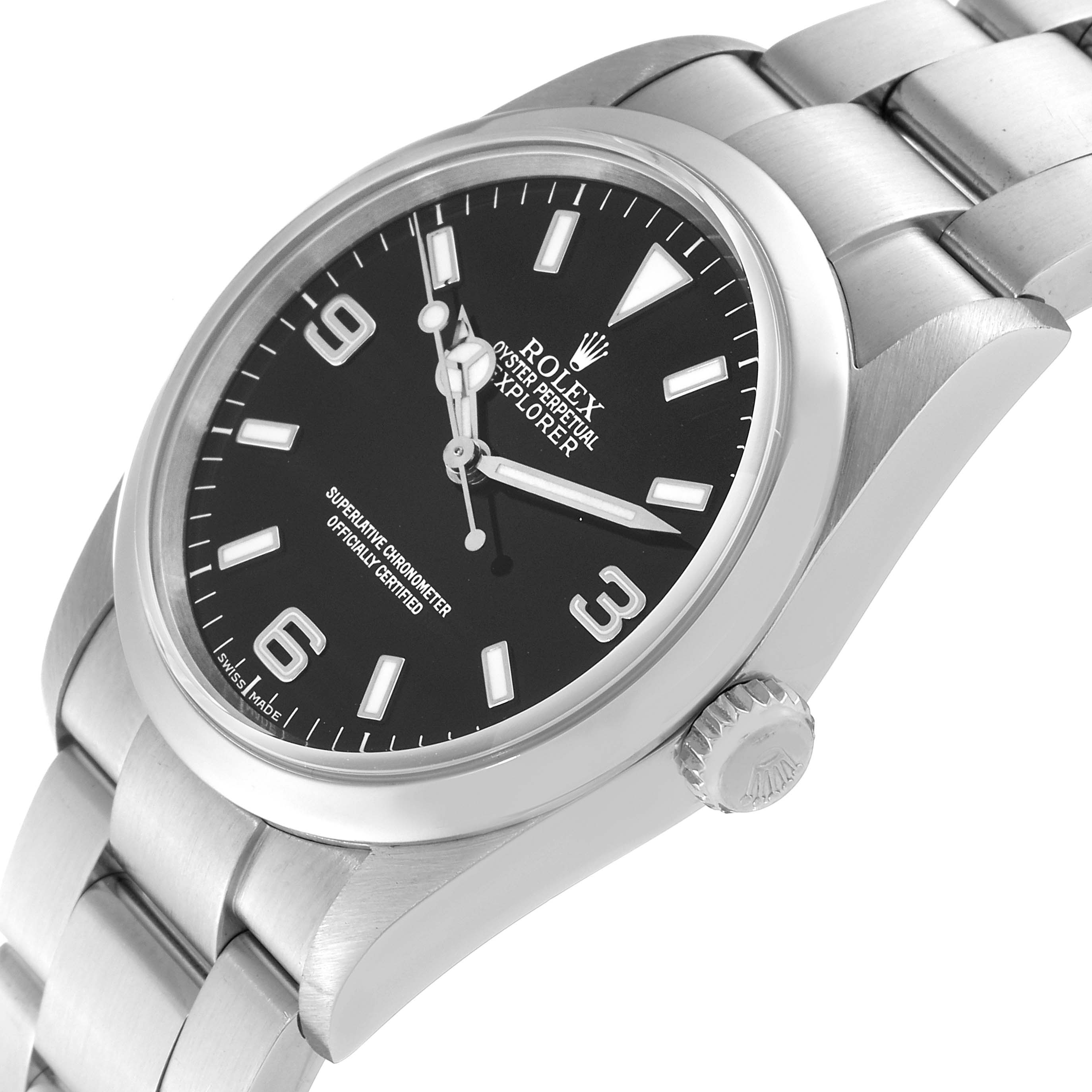 This image shows a Rolex Explorer 114270 Men
s Stainless Steel Black Dial 114270 Men
s Stainless Steel Black Dial watch from an angled perspective, highlighting the face, bezel, crown, and part of the bracelet.